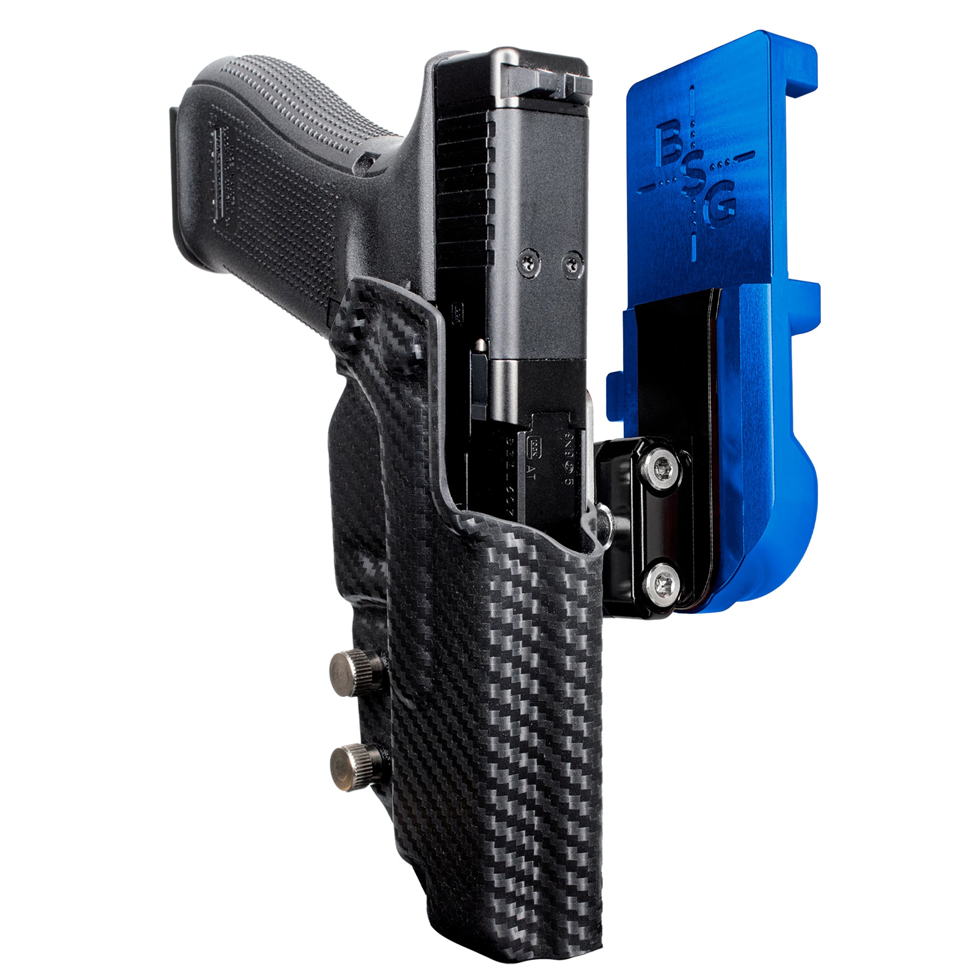 Glock 34 All Gens IPSC/USPA Quick Mount Ball Joint Holster with Blue Belt Attachment, Carbon Fiber Holster Shell