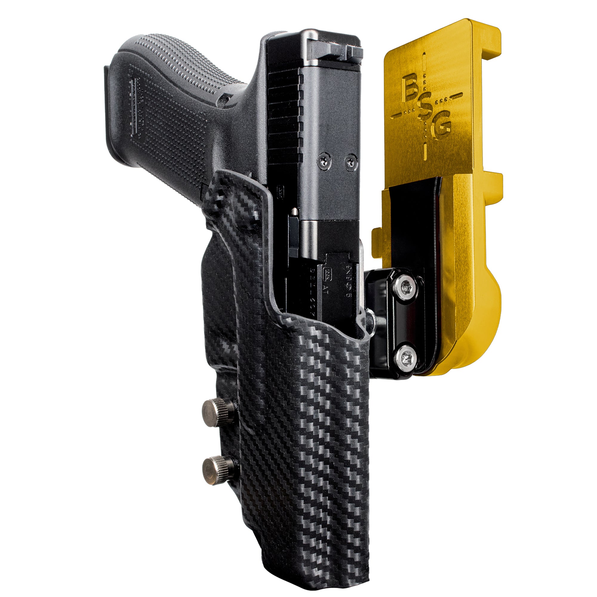 Glock 34 All Gens IPSC/USPA Quick Mount Ball Joint Holster with 24K Gold Belt Attachment, Carbon Fiber Holster Shell