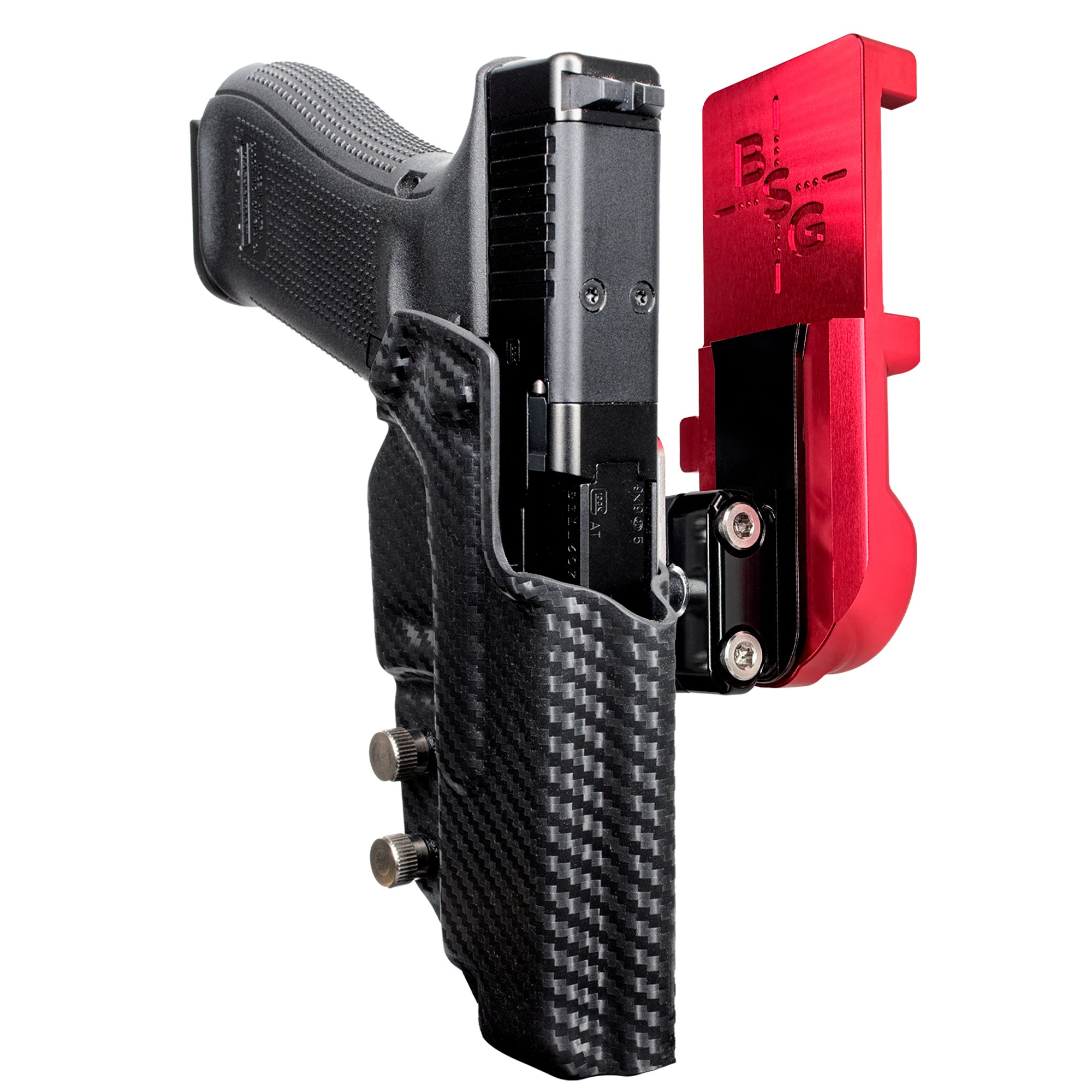 Glock 34 All Gens IPSC/USPA Quick Mount Ball Joint Holster with Red Belt Attachment, Carbon Fiber Holster Shell