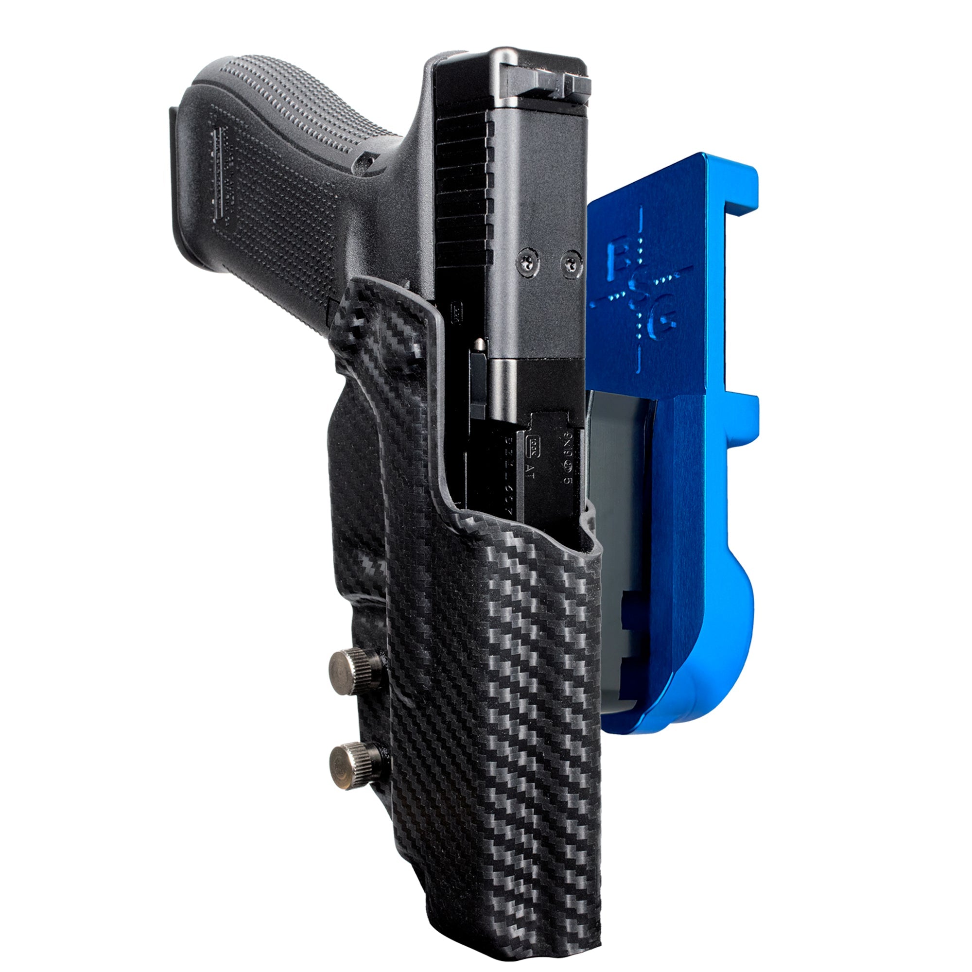 Glock 34 w/ Align Tactical IPSC/USPA Quick Mount Holster with Blue Belt Attachment, Carbon Fiber Holster Shell