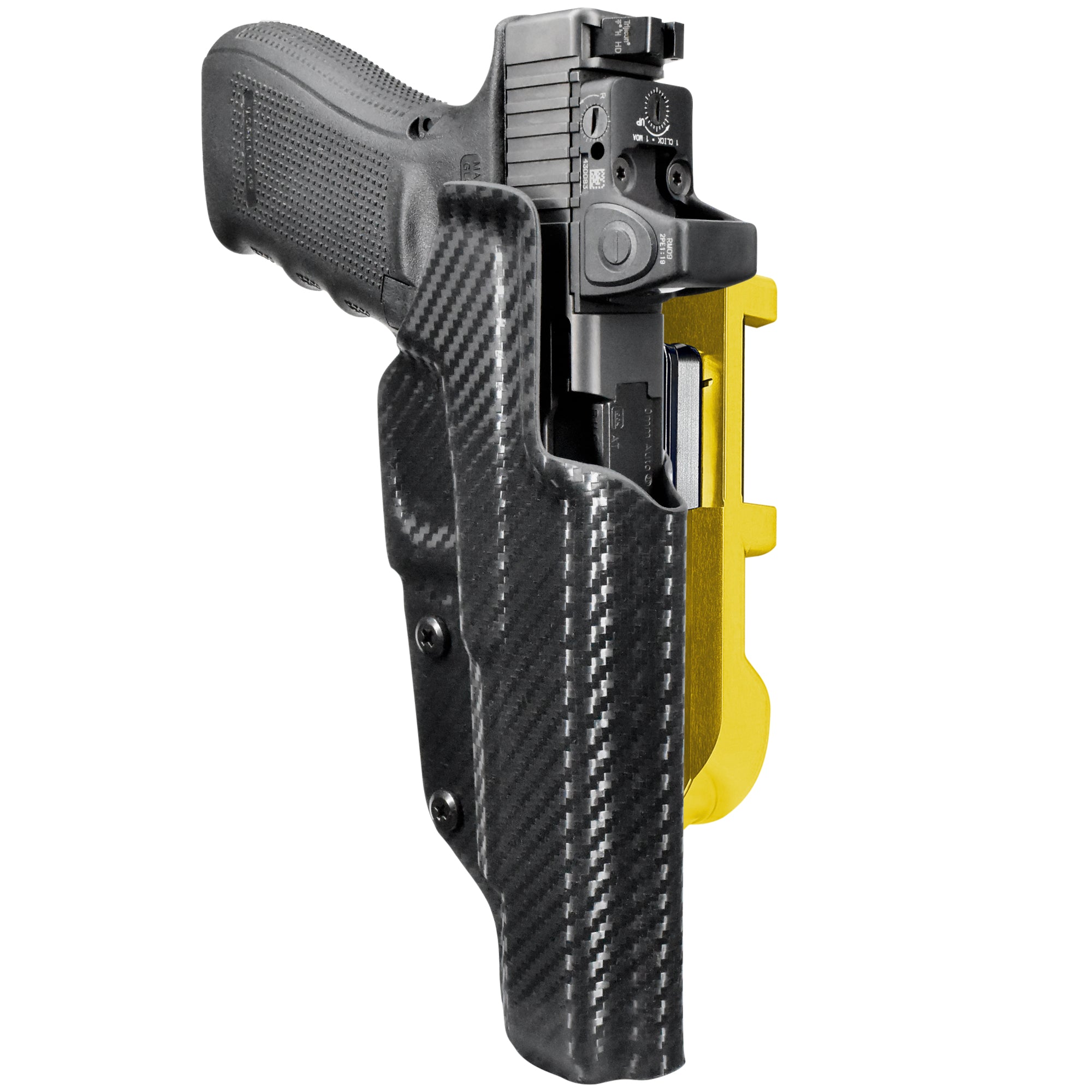 Glock 40 Gen4 MOS IDPA Quick Mount Holster with 24K Gold Belt Attachment, Carbon Fiber Holster Shell