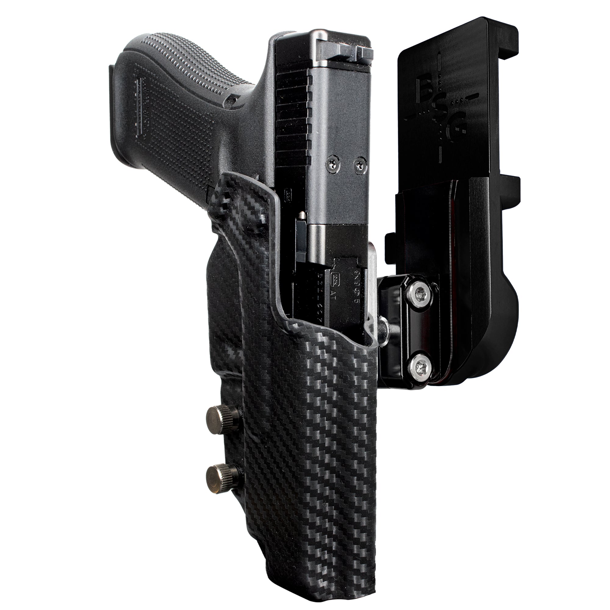 Glock 47 MOS IPSC/USPA Quick Mount Ball Joint Holster with Black Belt Attachment, Carbon Fiber Holster Shell