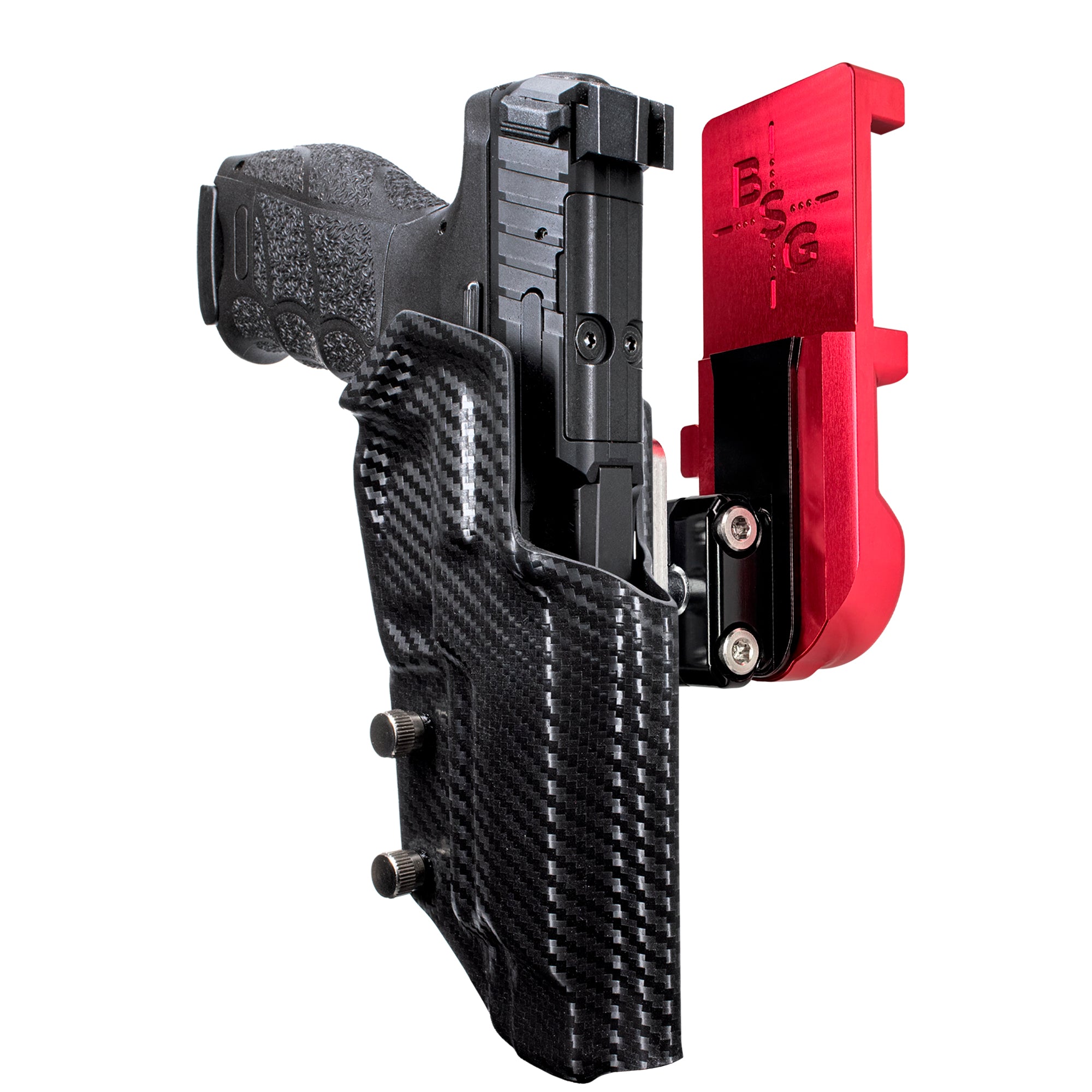 Heckler & Koch VP9L IPSC/USPA Quick Mount Ball Joint Holster with Red Belt Attachment, Carbon Fiber Holster Shell