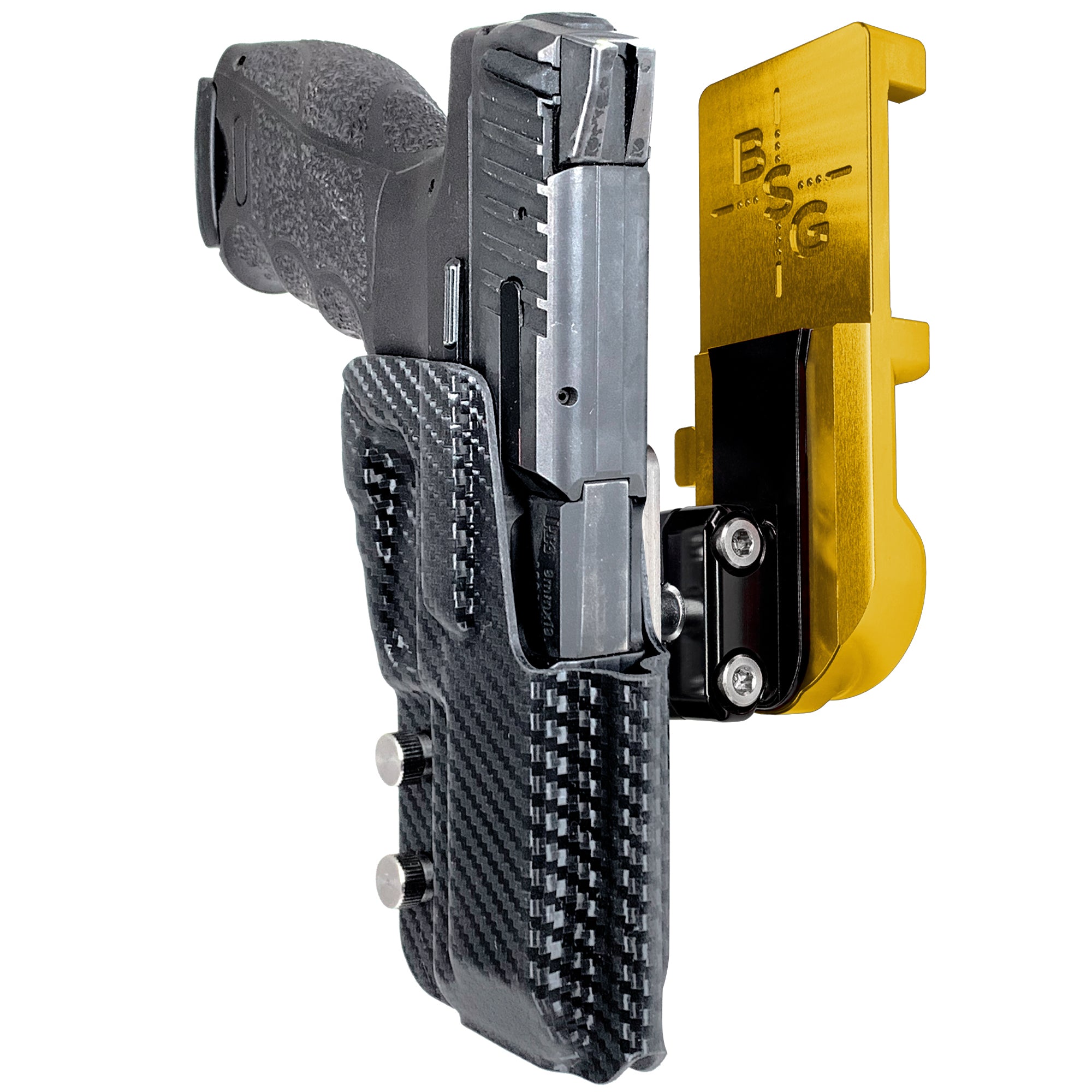 Heckler & Koch VP9 IPSC/USPA Quick Mount Ball Joint Holster with 24K Gold Belt Attachment, Carbon Fiber Holster Shell