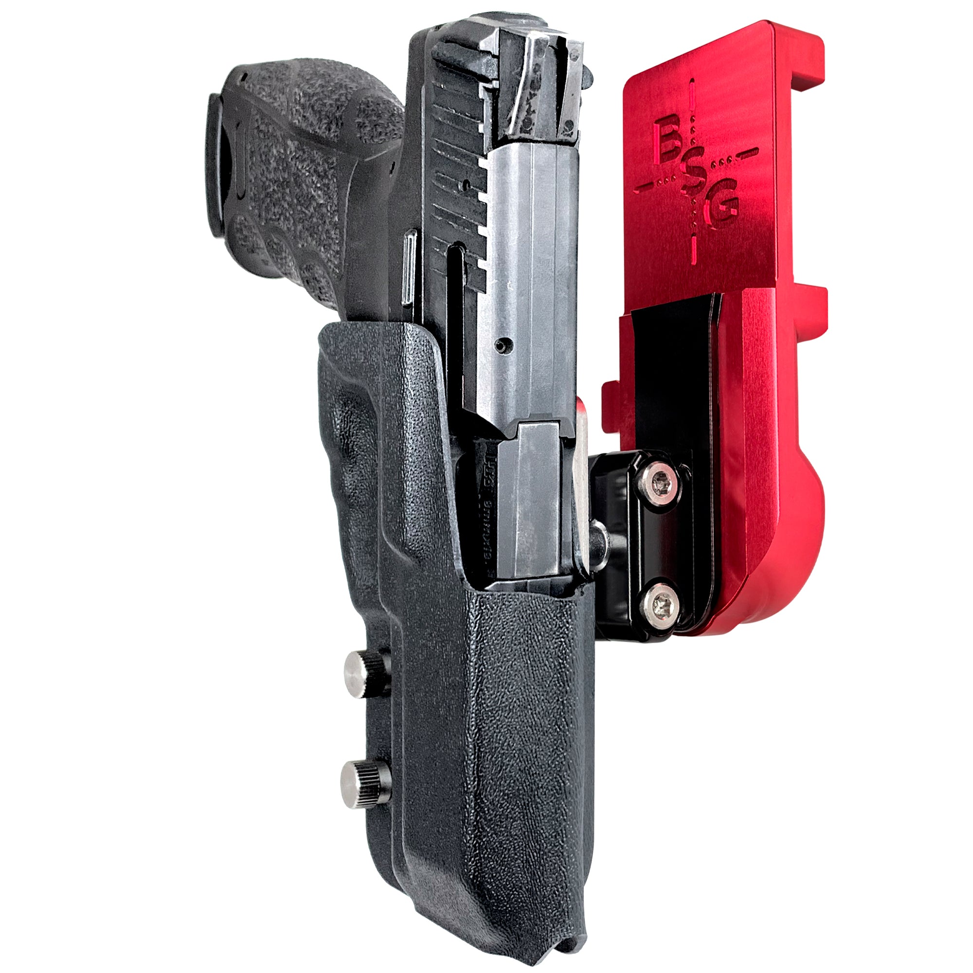 Heckler & Koch VP9 IPSC/USPA Quick Mount Ball Joint Holster with Red Belt Attachment, Black Holster Shell