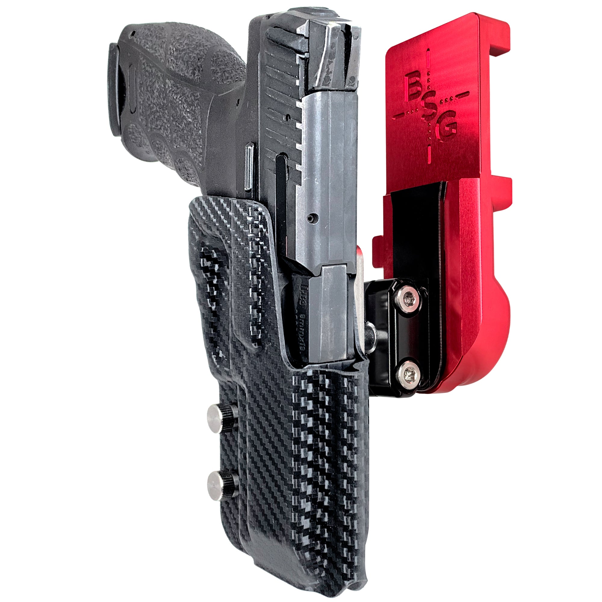 Heckler & Koch VP9 IPSC/USPA Quick Mount Ball Joint Holster with Red Belt Attachment, Carbon Fiber Holster Shell