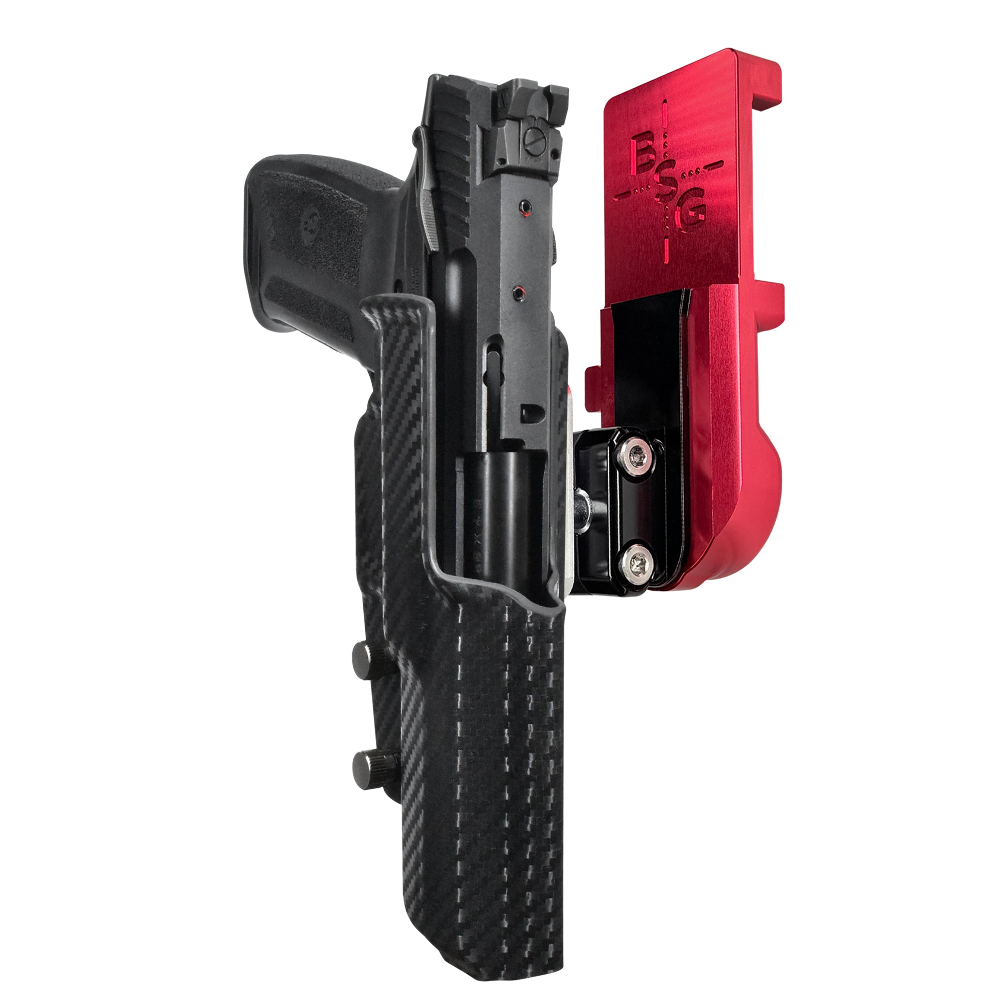 Ruger 5.7 IPSC/USPA Quick Mount Ball Joint Holster with Red Belt Attachment, Carbon Fiber Holster Shell