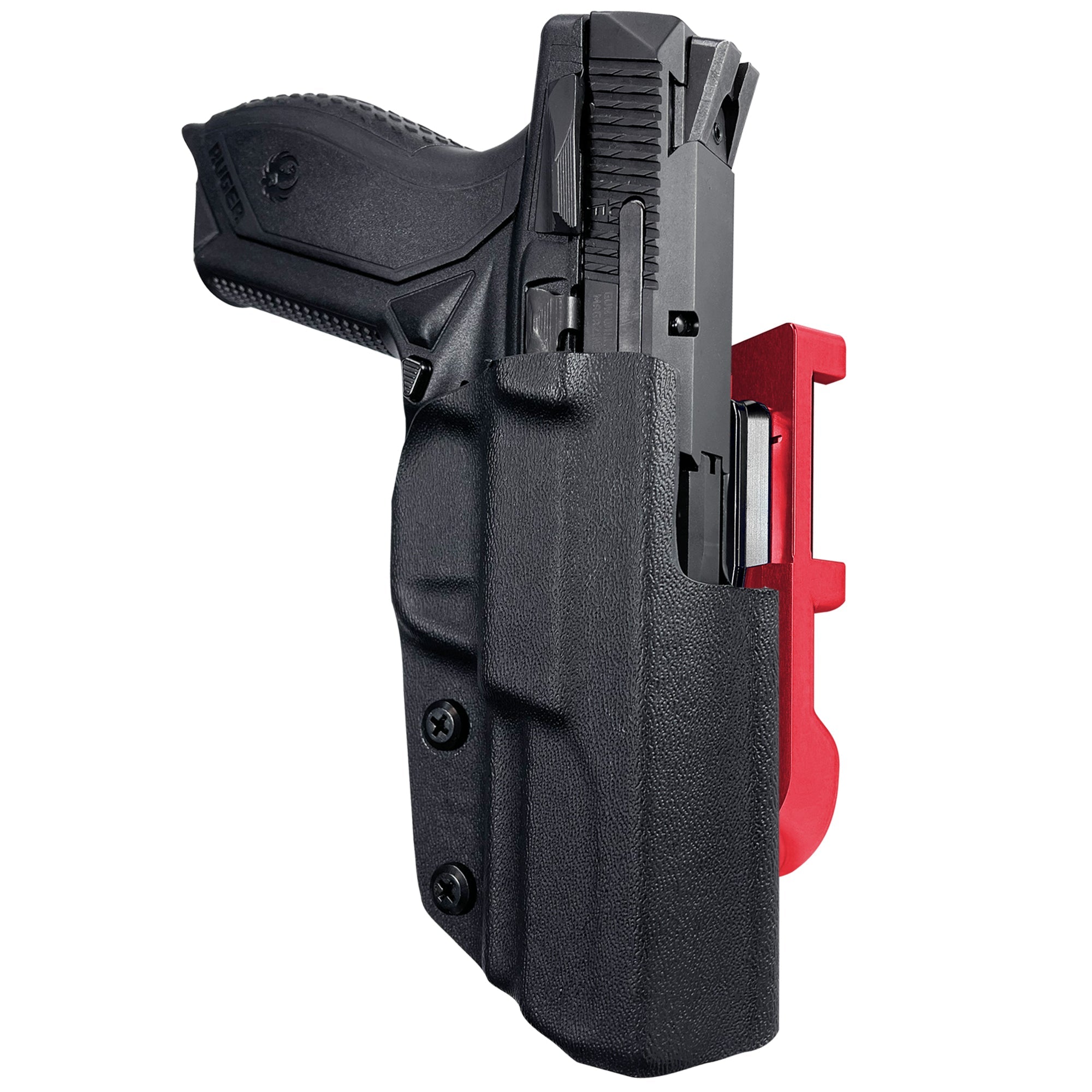 Ruger American Compact 3.55in IDPA Quick Mount Holster with Red Belt Attachment, Black Holster Shell