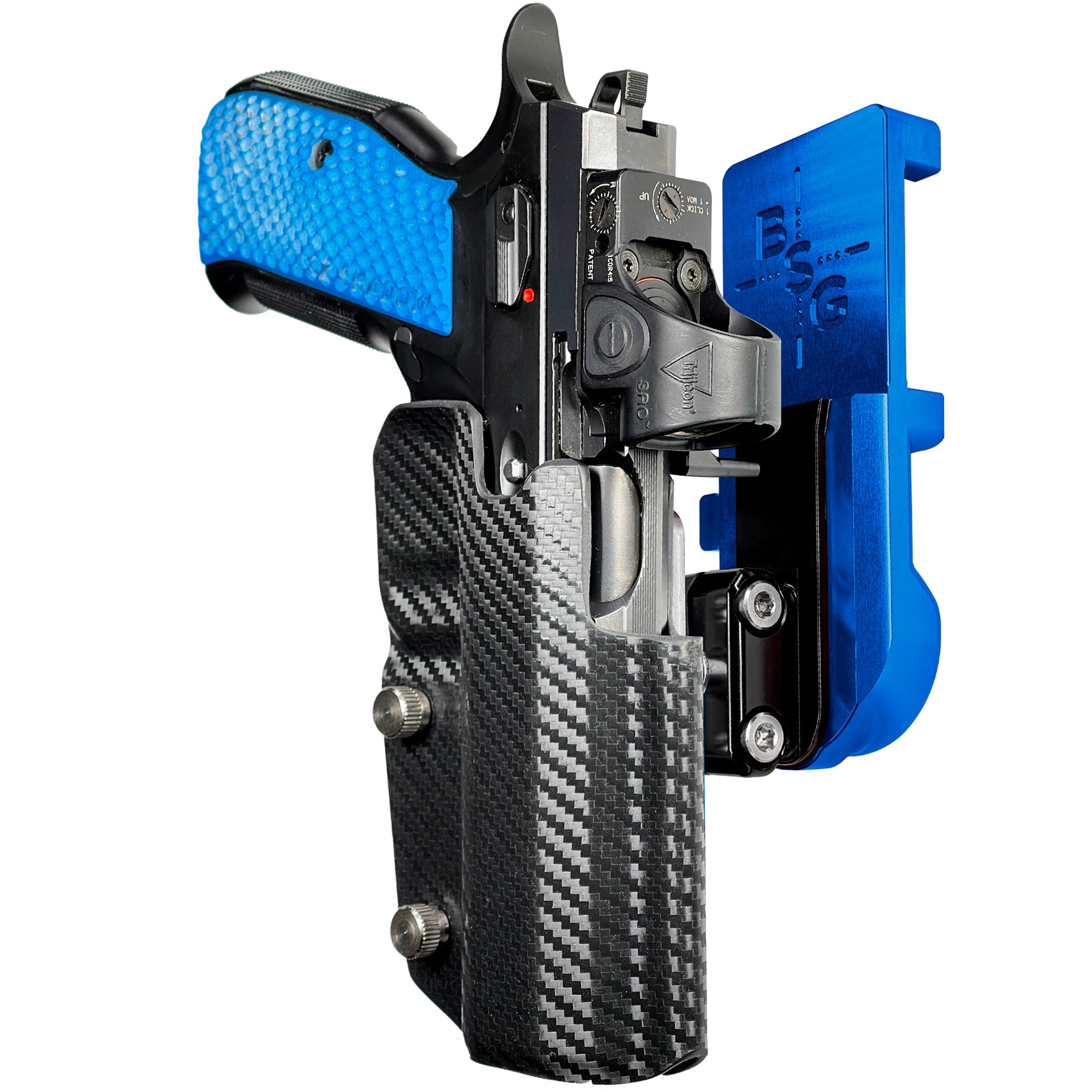 Shadow 2 TEvo Thumb Rest IPSC/USPA Quick Mount Ball Joint Holster with Blue Belt Attachment, Carbon Fiber Holster Shell