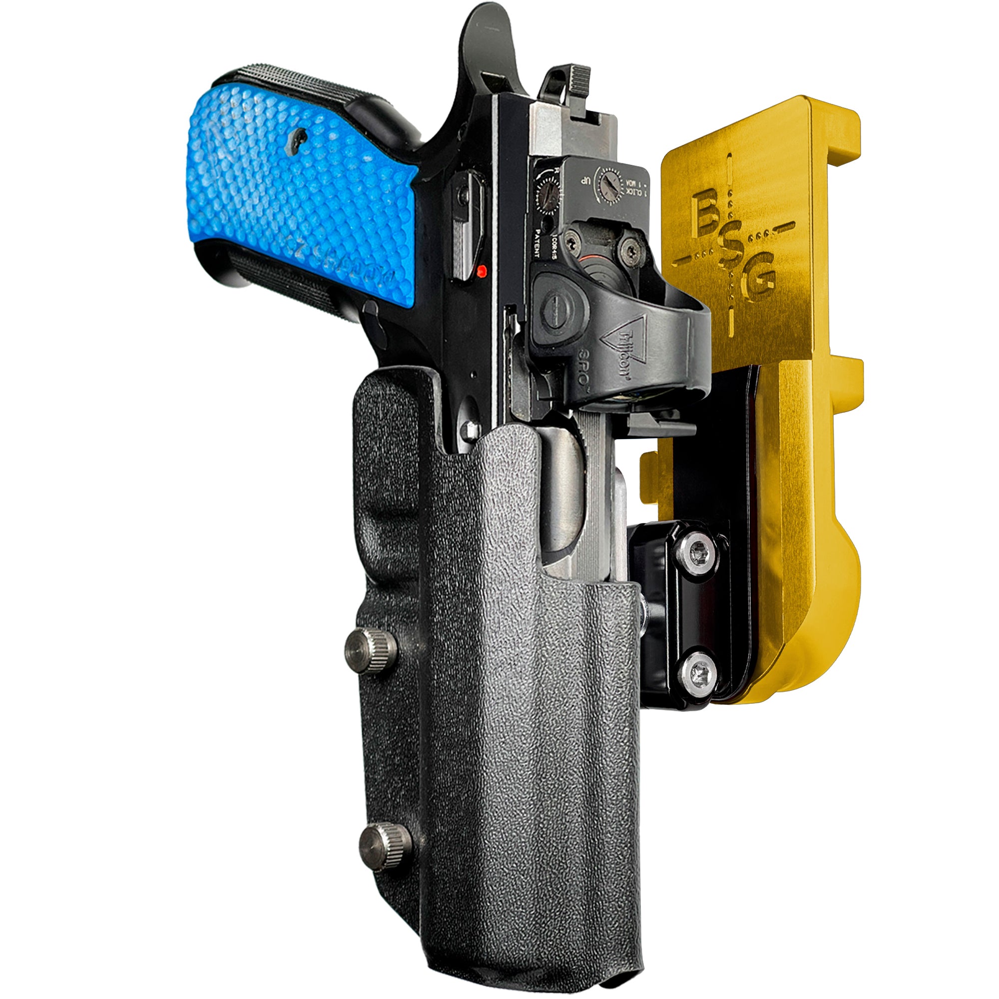 Shadow 2 TEvo Thumb Rest IPSC/USPA Quick Mount Ball Joint Holster with 24K Gold Belt Attachment, Black Holster Shell
