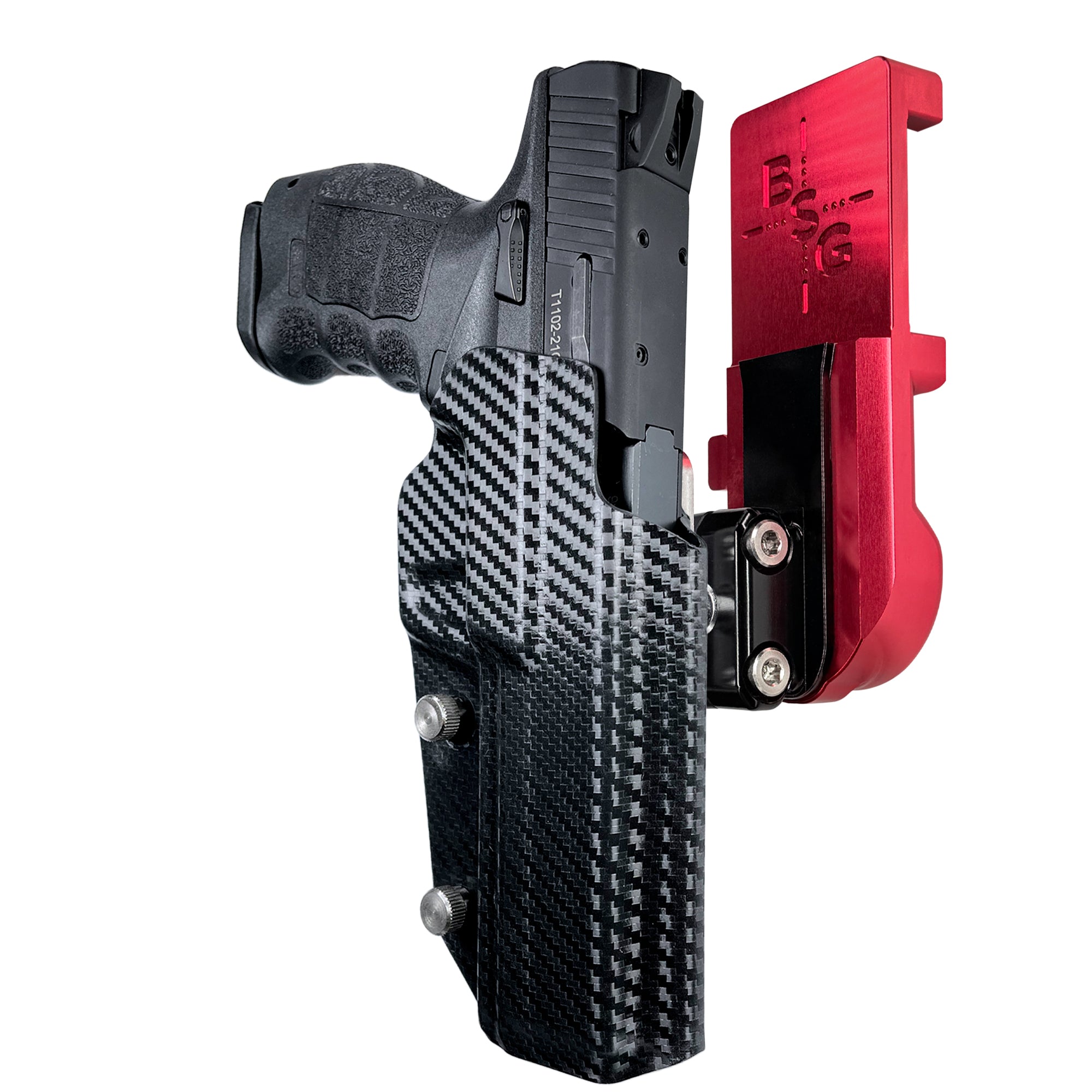 SAR9 Sport IPSC/USPA Quick Mount Ball Joint Holster with Red Belt Attachment, Carbon Fiber Holster Shell