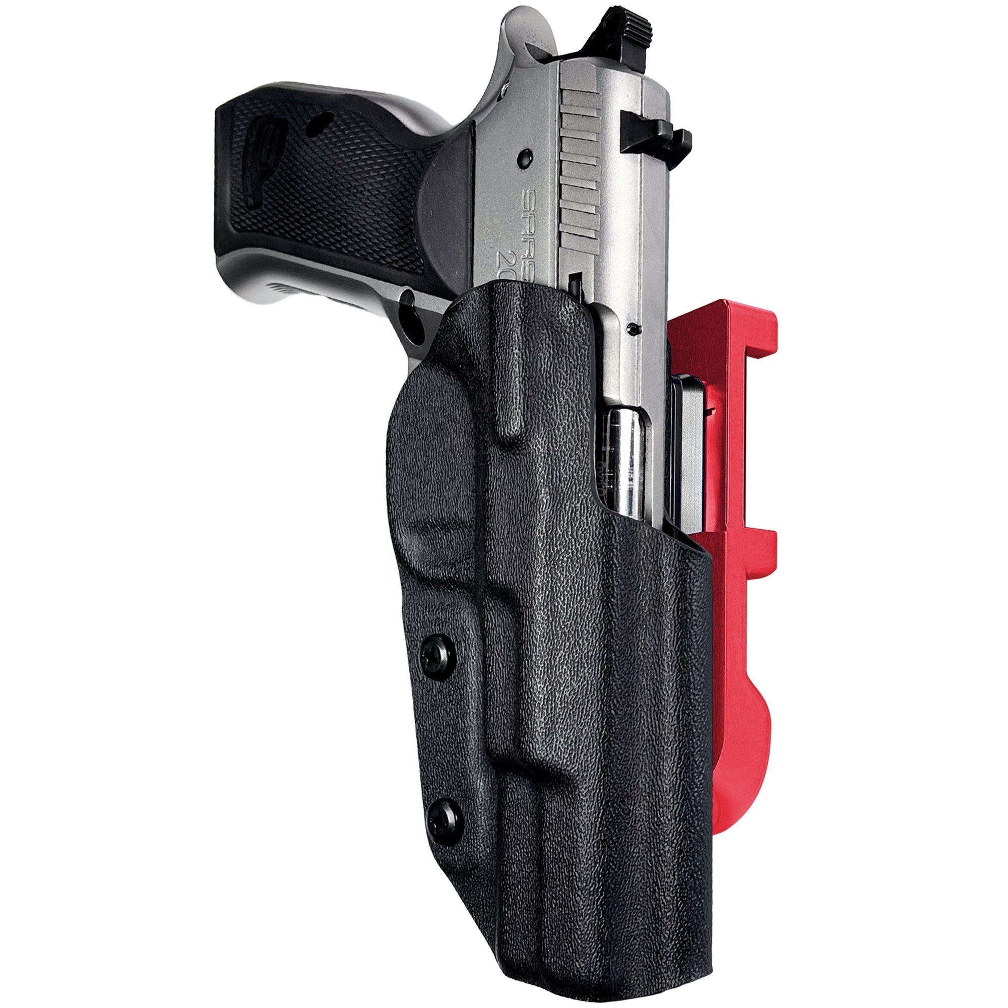 SAR 2000 IDPA Quick Mount Holster with Red Belt Attachment, Black Holster Shell
