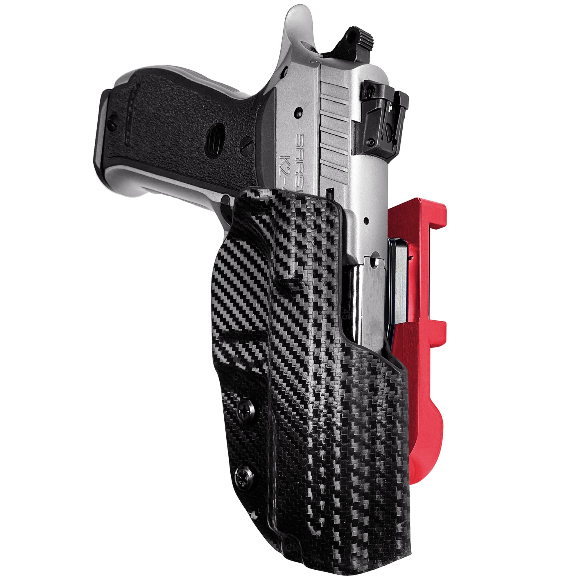SAR K2-45 C IDPA Quick Mount Holster with Red Belt Attachment, Carbon Fiber Holster Shell