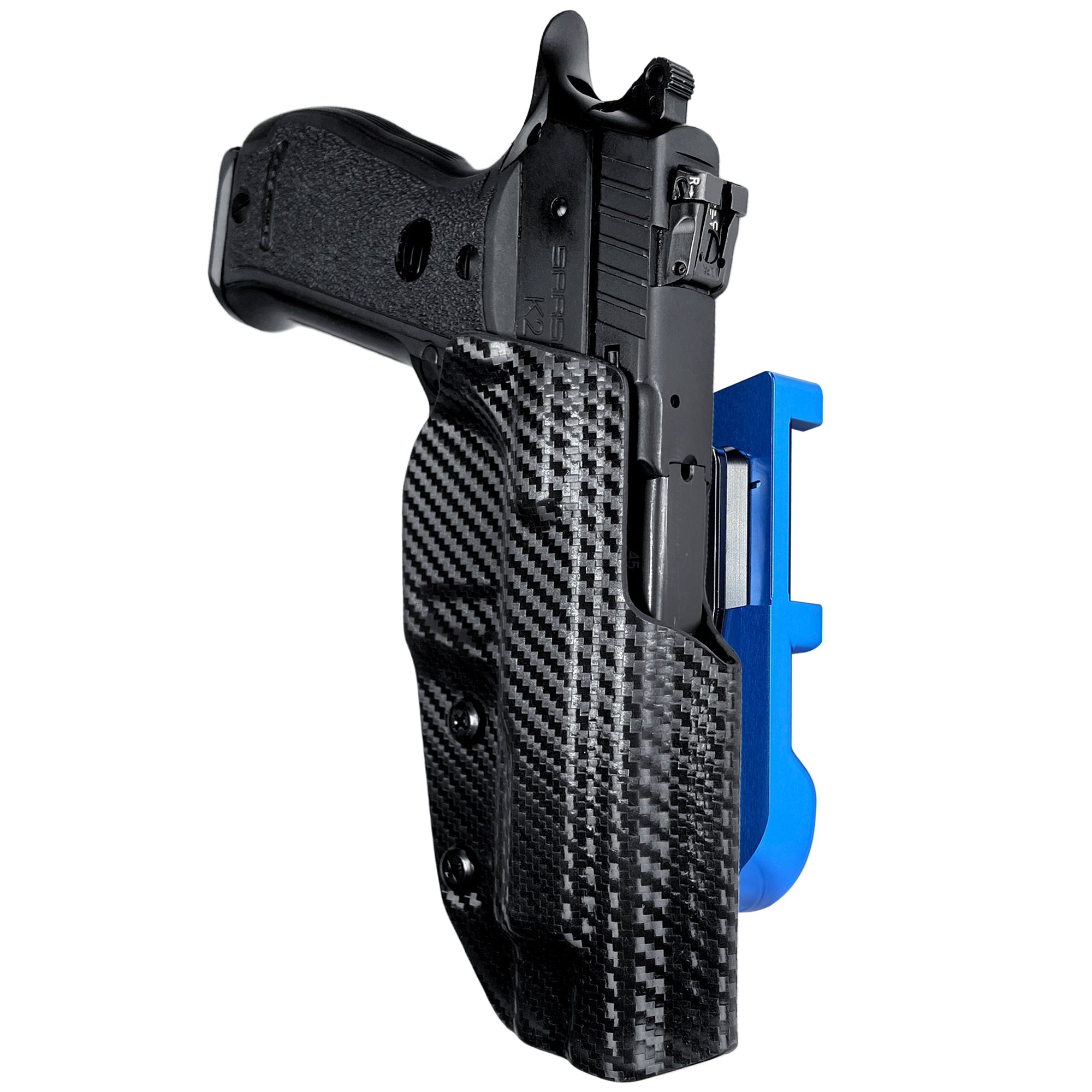 SAR K2 45 IDPA Quick Mount Holster with Blue Belt Attachment, Carbon Fiber Holster Shell