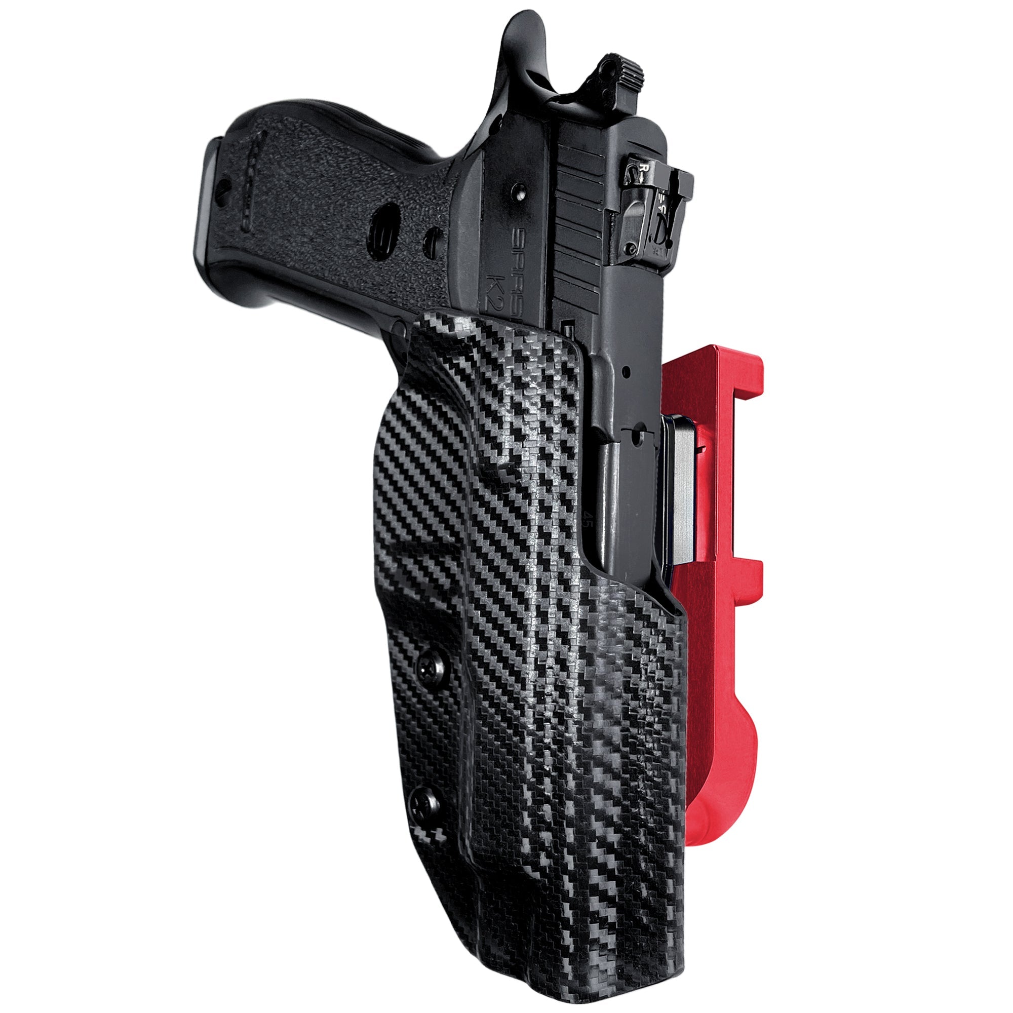 SAR K2 45 IDPA Quick Mount Holster with Red Belt Attachment, Carbon Fiber Holster Shell