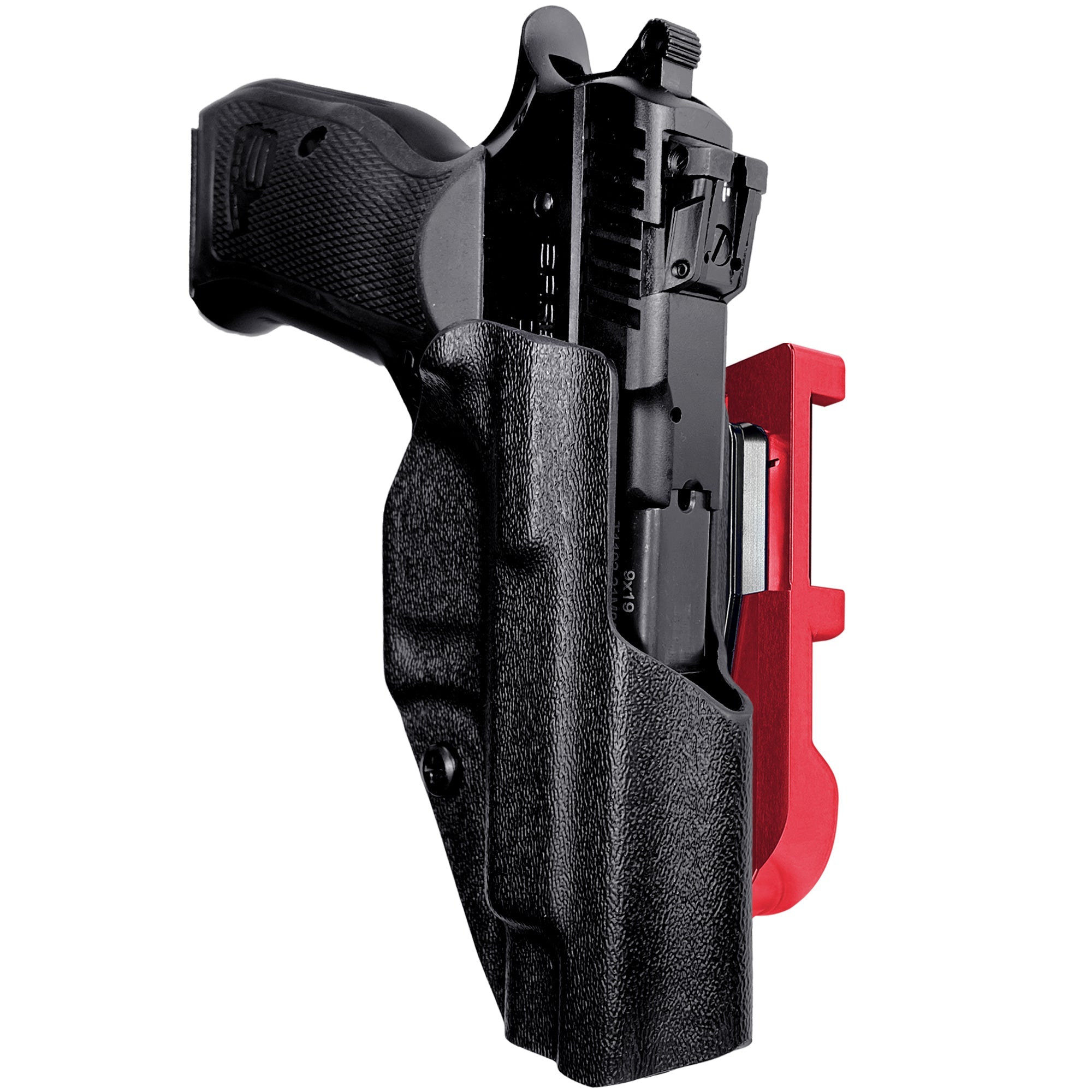 SAR P8S IDPA Quick Mount Holster with Red Belt Attachment, Black Holster Shell