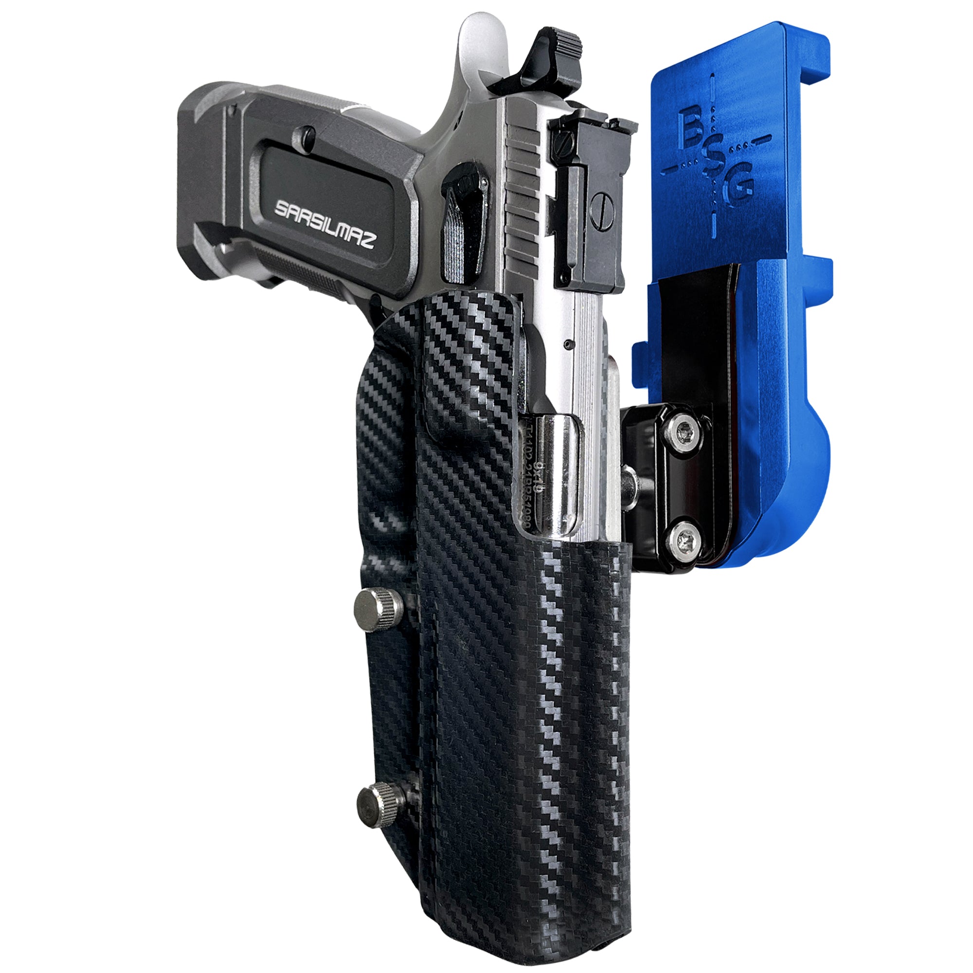SAR K-12 Sport IPSC/USPA Quick Mount Ball Joint Holster with Blue Belt Attachment, Carbon Fiber Holster Shell