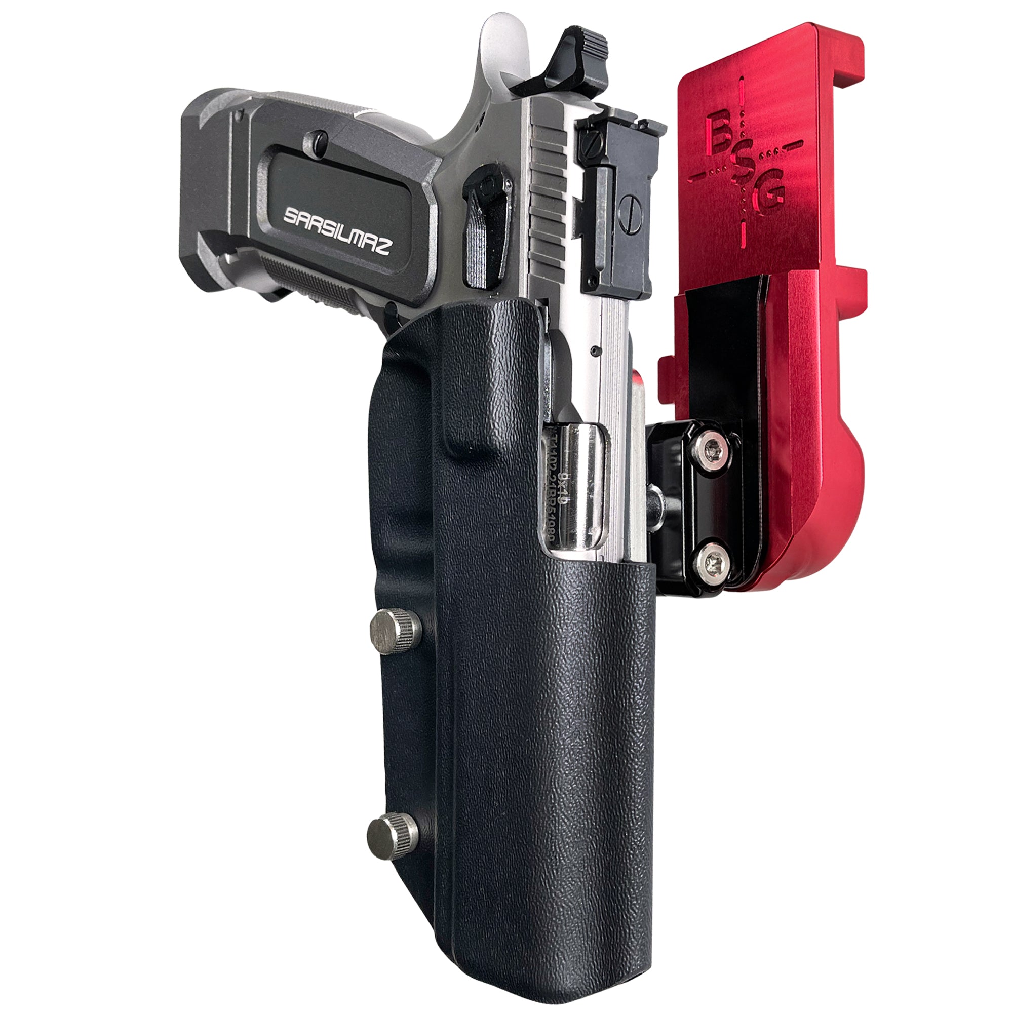 SAR K-12 Sport IPSC/USPA Quick Mount Ball Joint Holster with Red Belt Attachment, Black Holster Shell