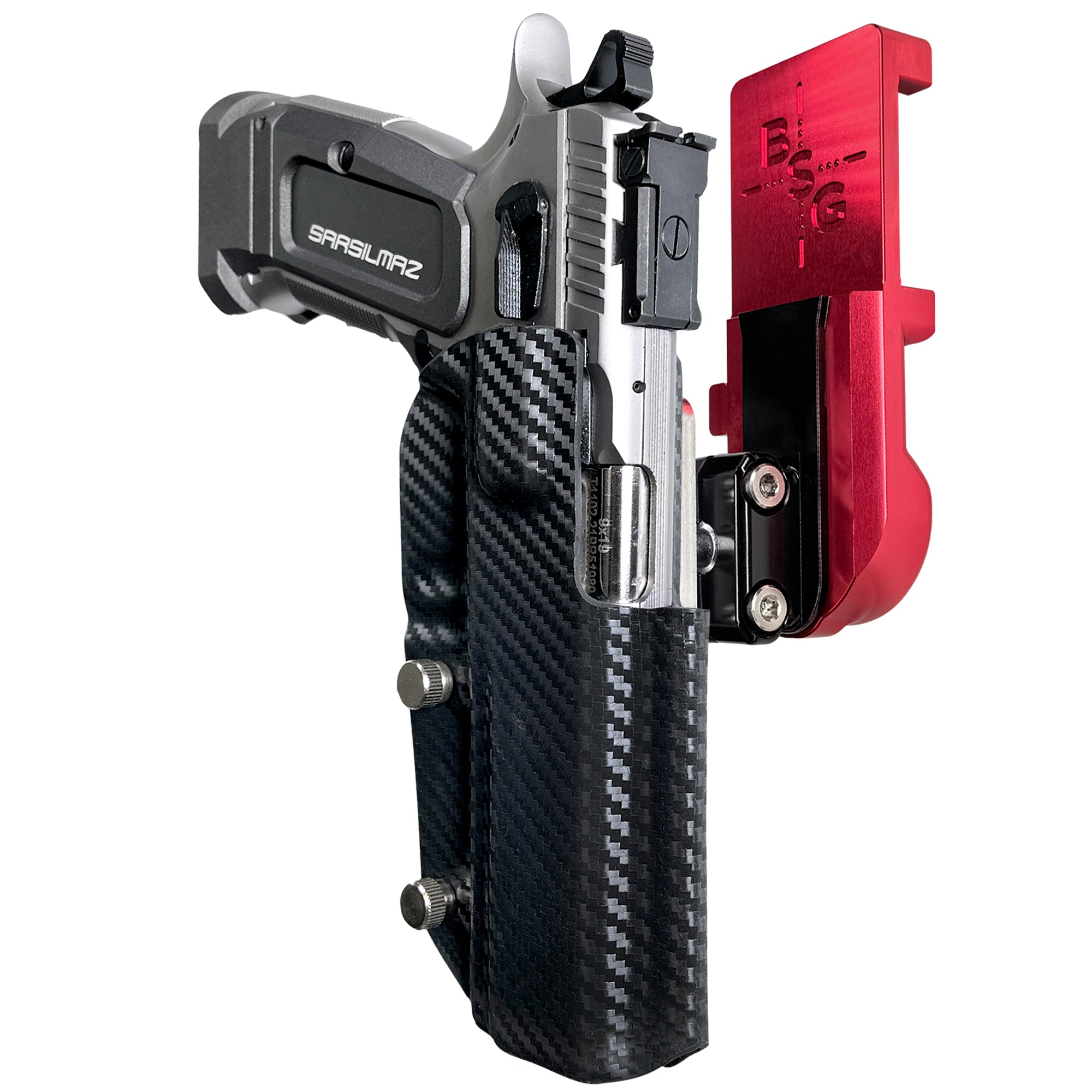 SAR K-12 Sport IPSC/USPA Quick Mount Ball Joint Holster with Red Belt Attachment, Carbon Fiber Holster Shell