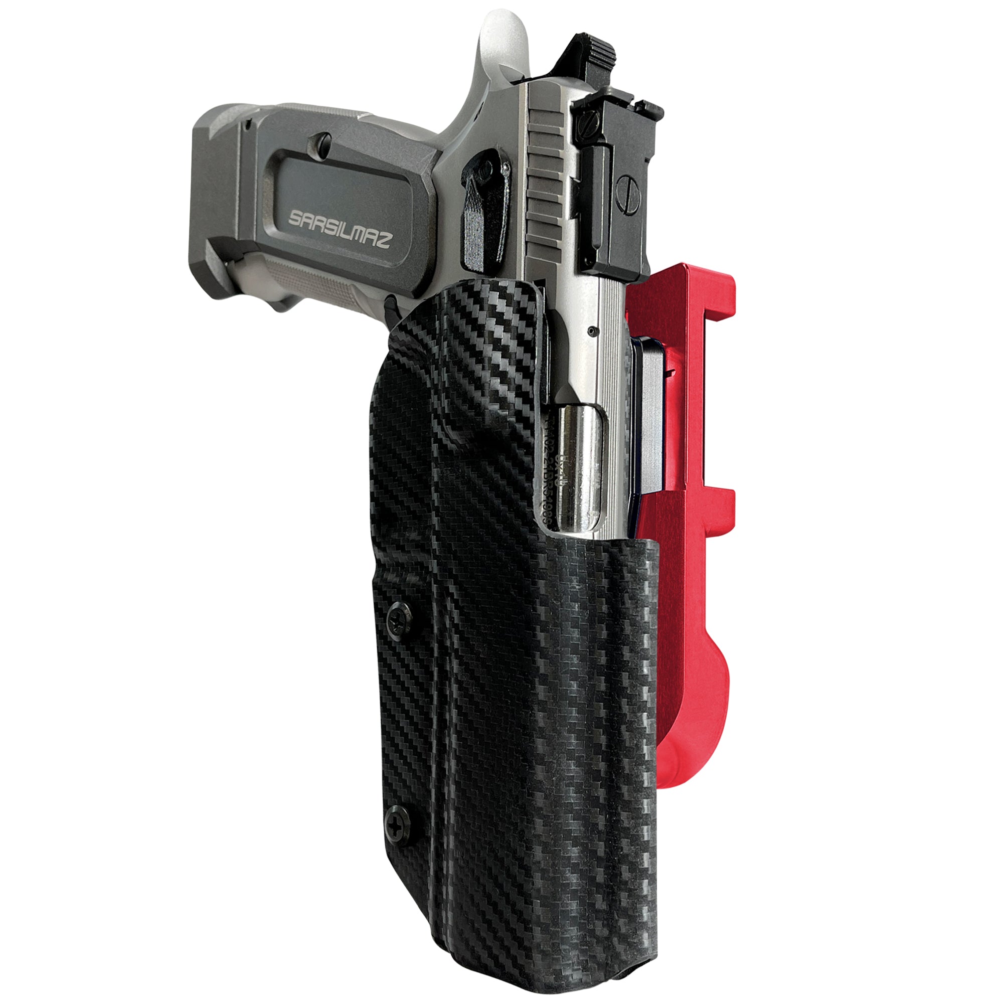 SAR K-12 Sport IDPA Quick Mount Holster with Red Belt Attachment, Carbon Fiber Holster Shell