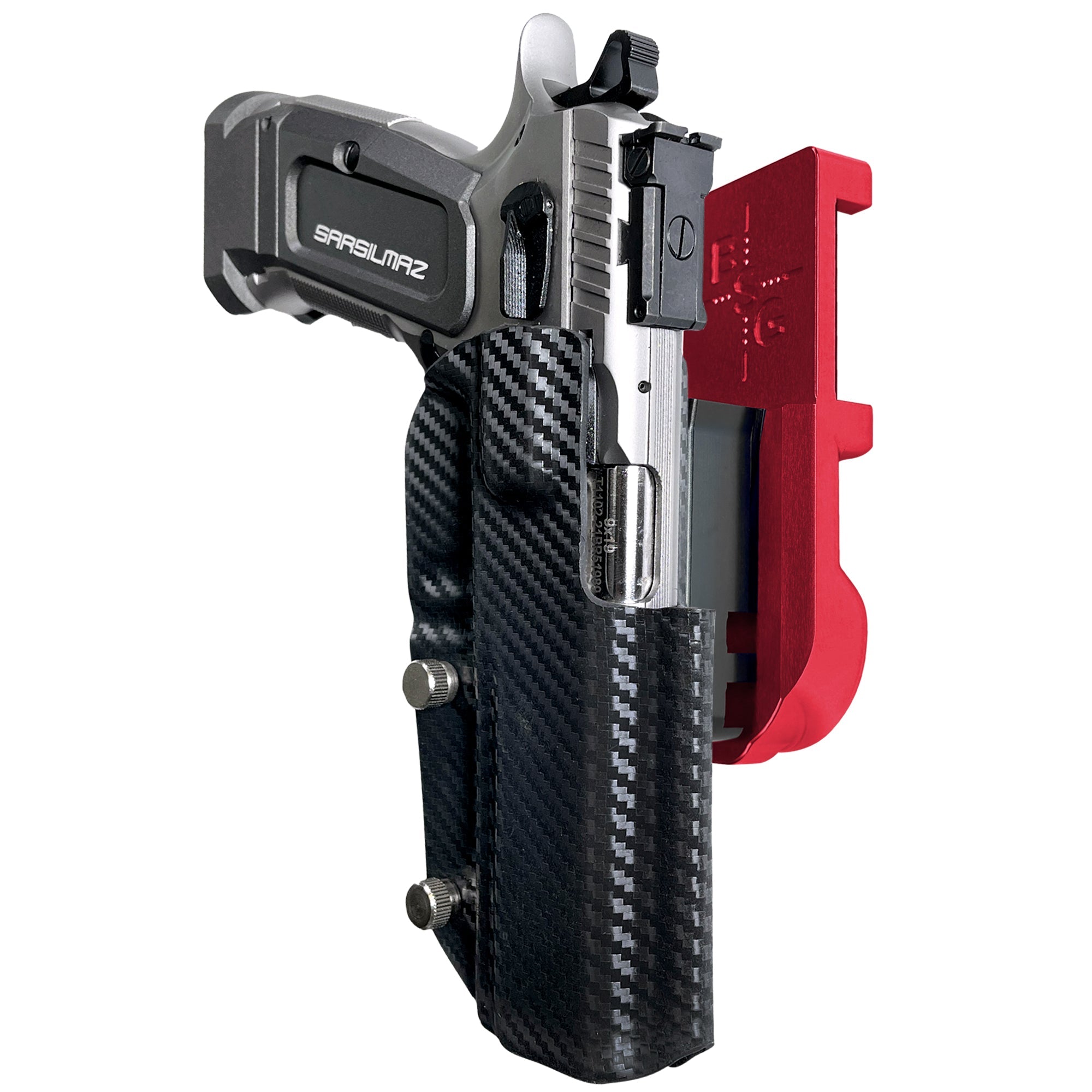 SAR K-12 Sport IPSC/USPA Quick Mount Holster with Red Belt Attachment, Carbon Fiber Holster Shell