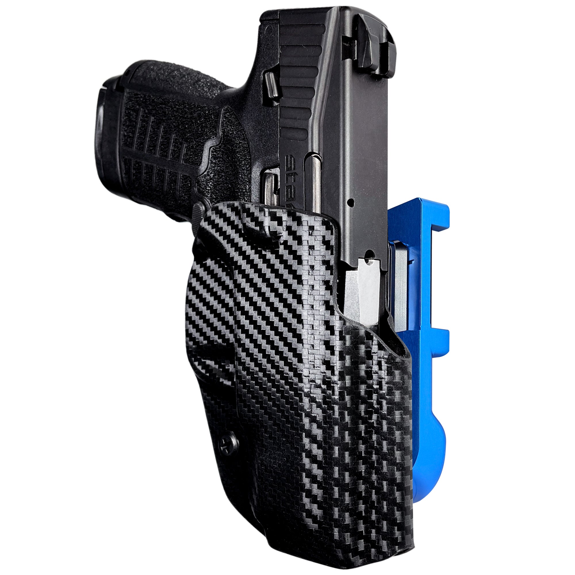 Savage Stance IDPA Quick Mount Holster with Blue Belt Attachment, Carbon Fiber Holster Shell