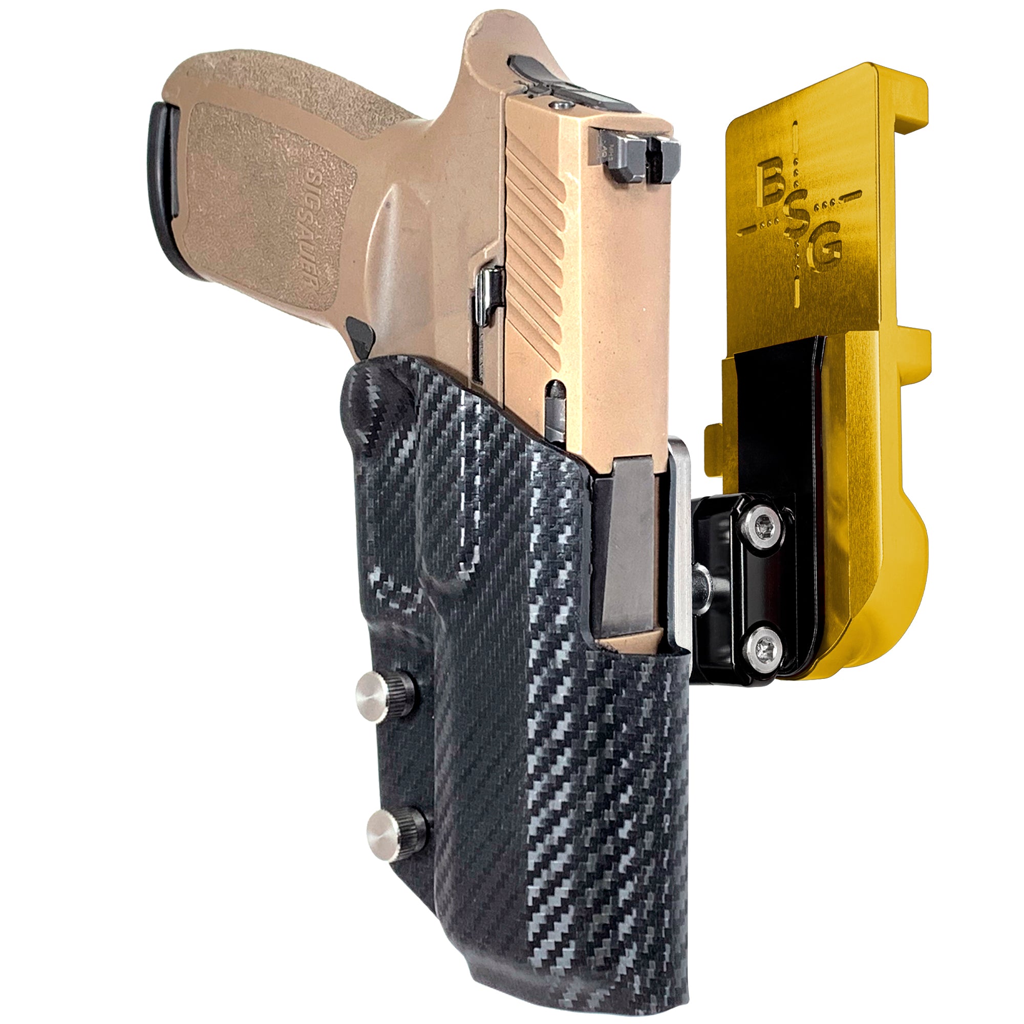 Sig Sauer P320 Compact IPSC/USPA Quick Mount Ball Joint Holster with 24K Gold Belt Attachment, Carbon Fiber Holster Shell