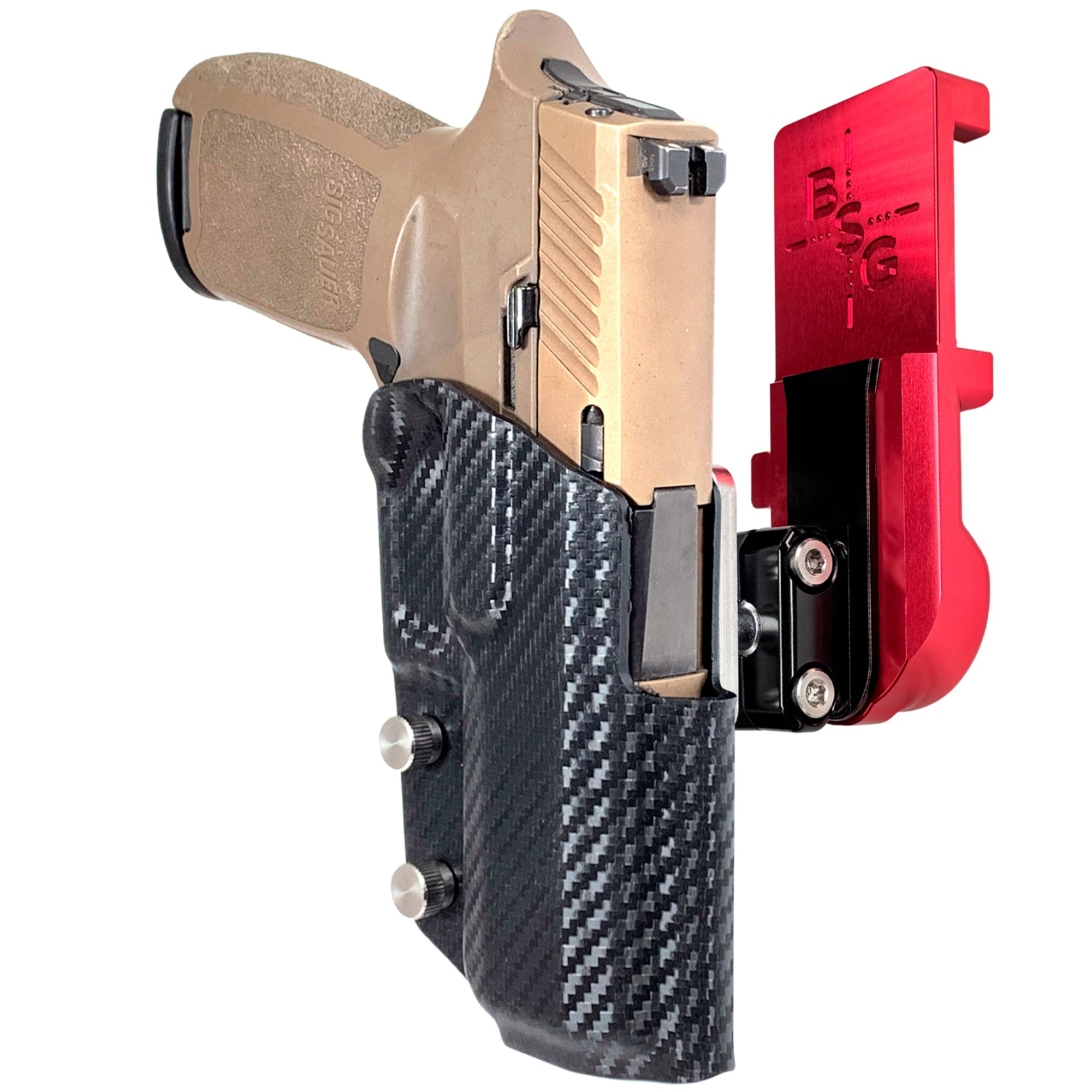 Sig Sauer P320 Compact IPSC/USPA Quick Mount Ball Joint Holster with Red Belt Attachment, Carbon Fiber Holster Shell