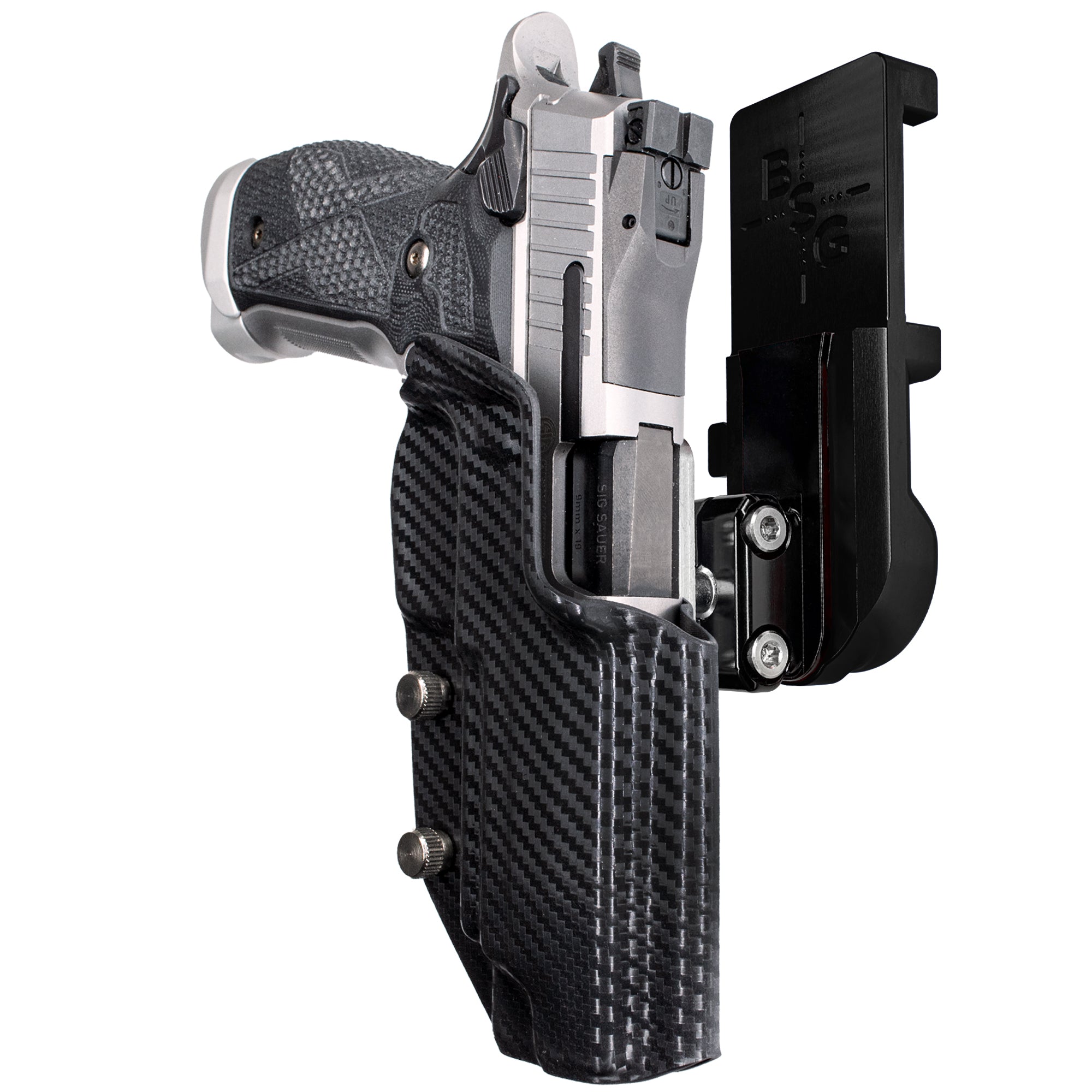 Sig Sauer P226 XFIVE IPSC/USPA Quick Mount Ball Joint Holster with Black Belt Attachment, Carbon Fiber Holster Shell