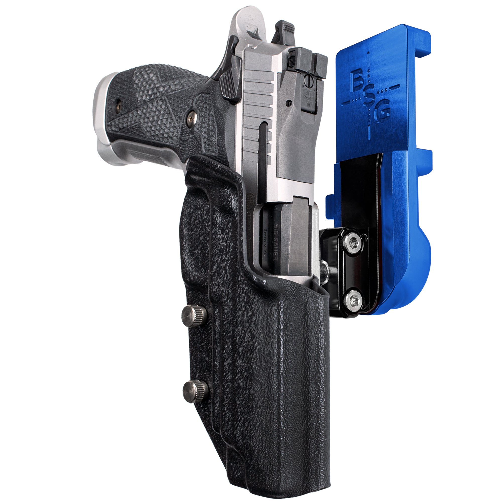 Sig Sauer P226 XFIVE IPSC/USPA Quick Mount Ball Joint Holster with Blue Belt Attachment, Black Holster Shell