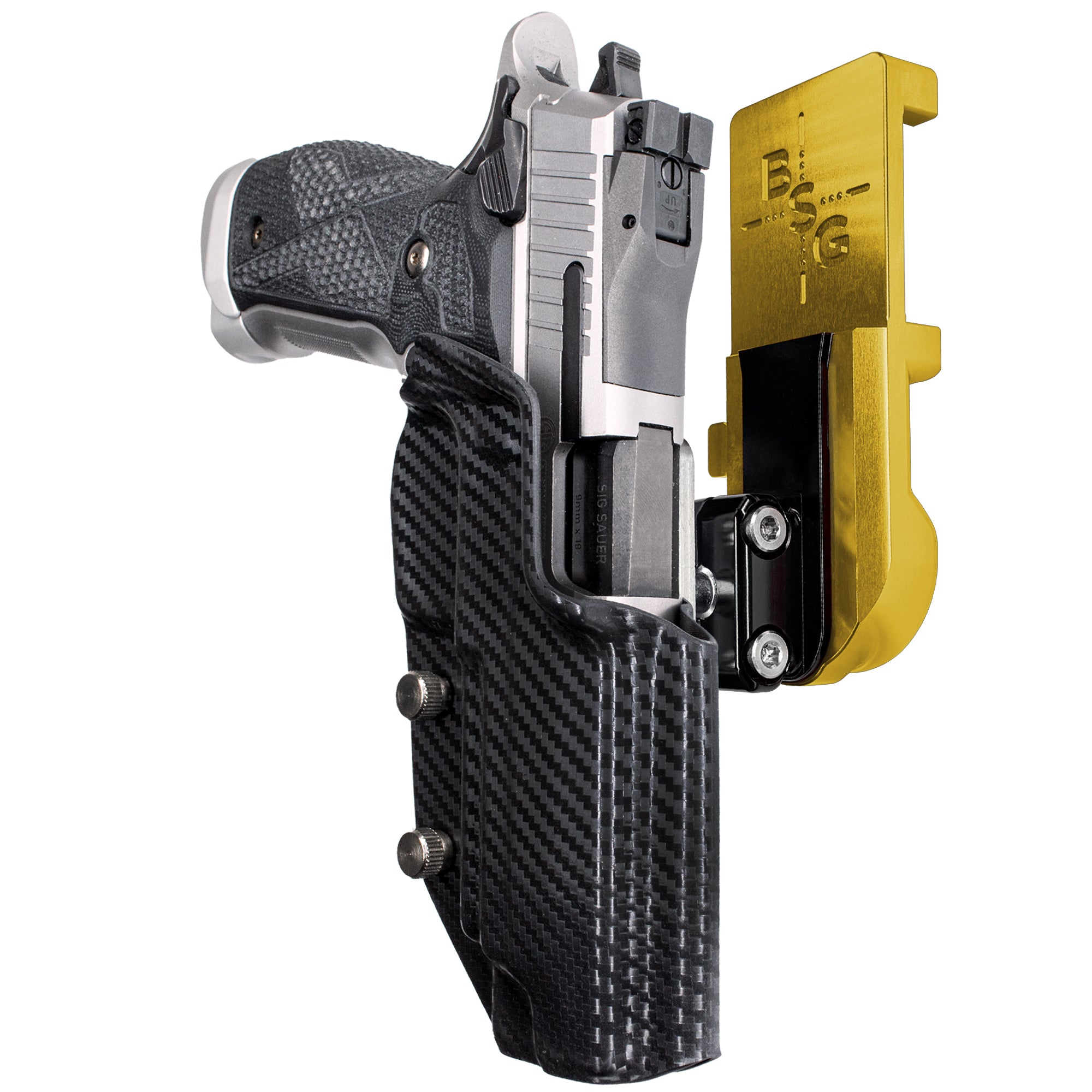 Sig Sauer P226 XFIVE IPSC/USPA Quick Mount Ball Joint Holster with 24K Gold Belt Attachment, Carbon Fiber Holster Shell
