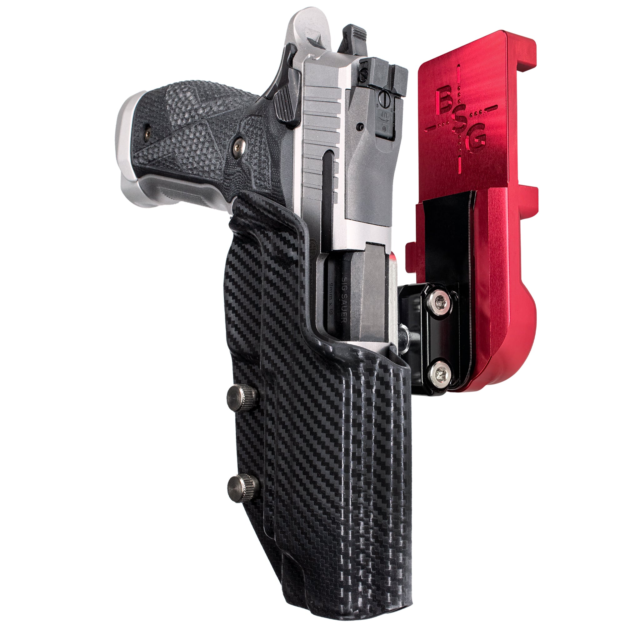 Sig Sauer P226 XFIVE IPSC/USPA Quick Mount Ball Joint Holster with Red Belt Attachment, Carbon Fiber Holster Shell