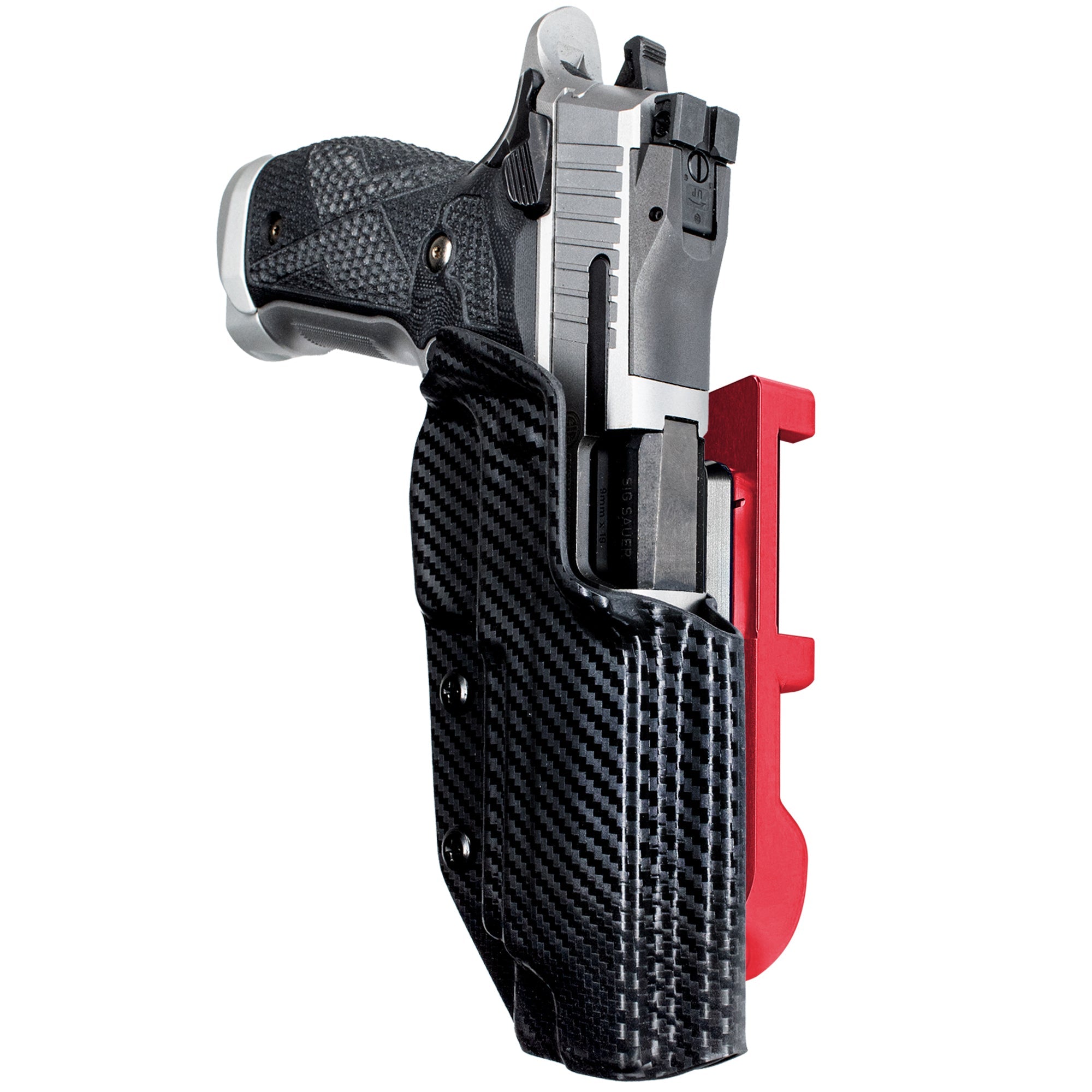 Sig Sauer P226 XFIVE IDPA Quick Mount Holster with Red Belt Attachment, Carbon Fiber Holster Shell