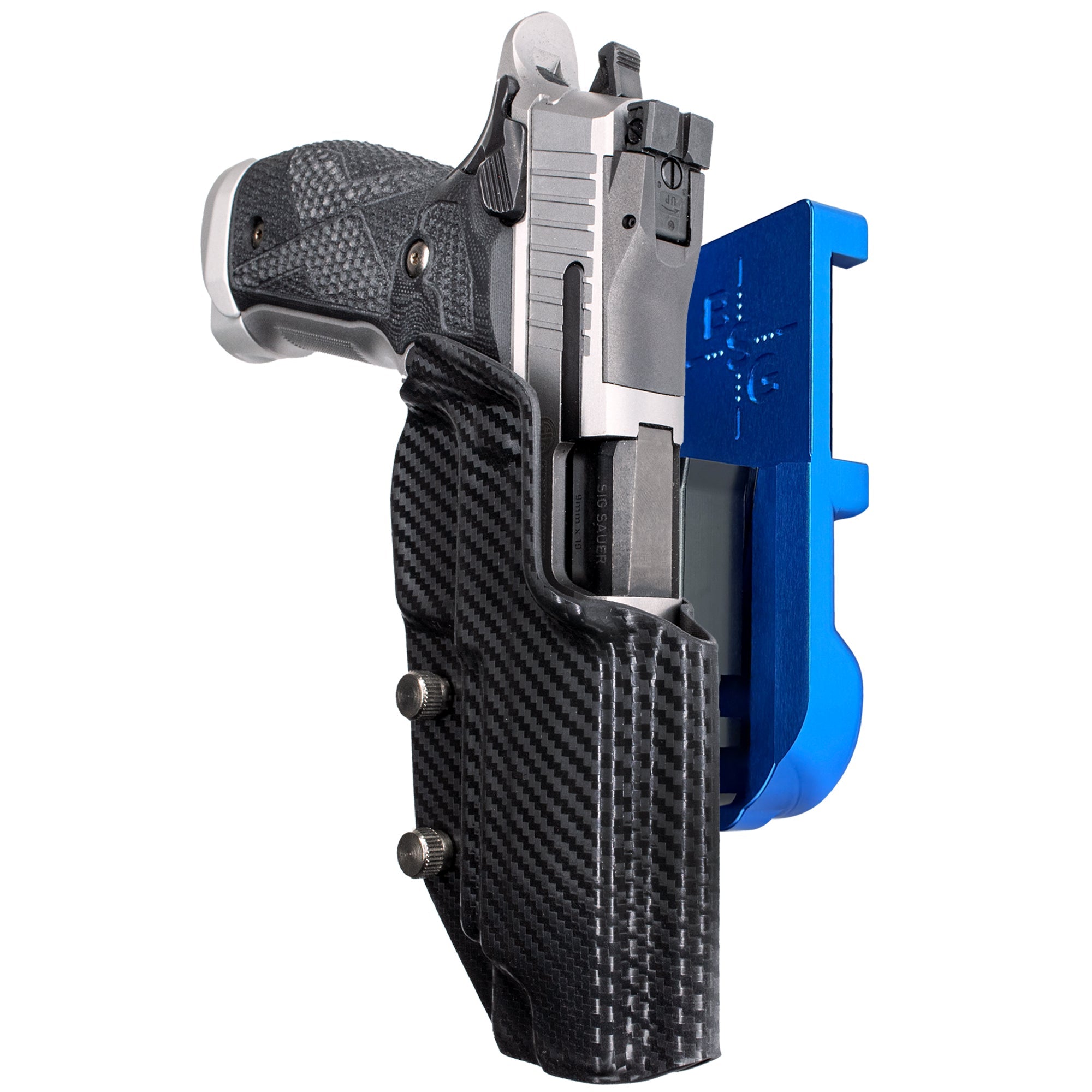 Sig Sauer P226 XFIVE IPSC/USPA Quick Mount Holster with Blue Belt Attachment, Carbon Fiber Holster Shell