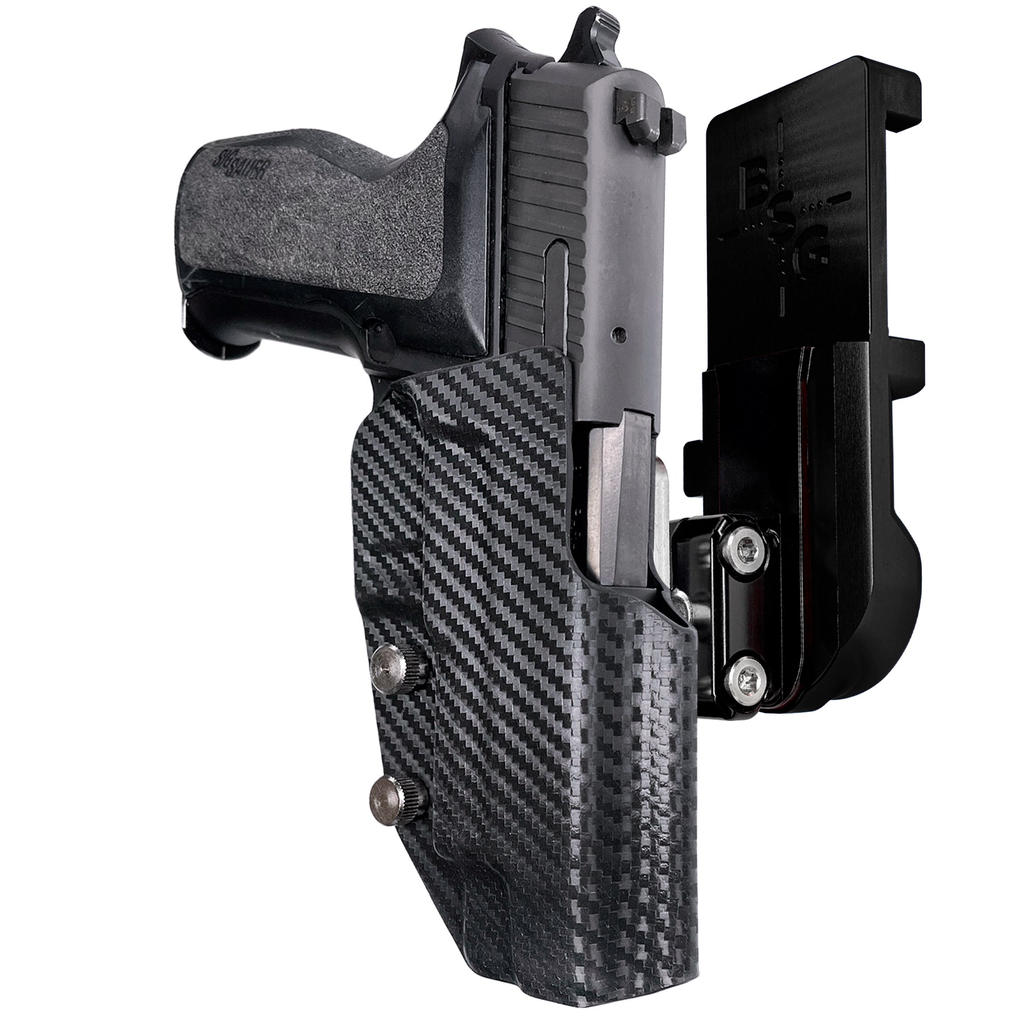 Sig Sauer P226 w/ Rail IPSC/USPA Quick Mount Ball Joint Holster with Black Belt Attachment, Carbon Fiber Holster Shell
