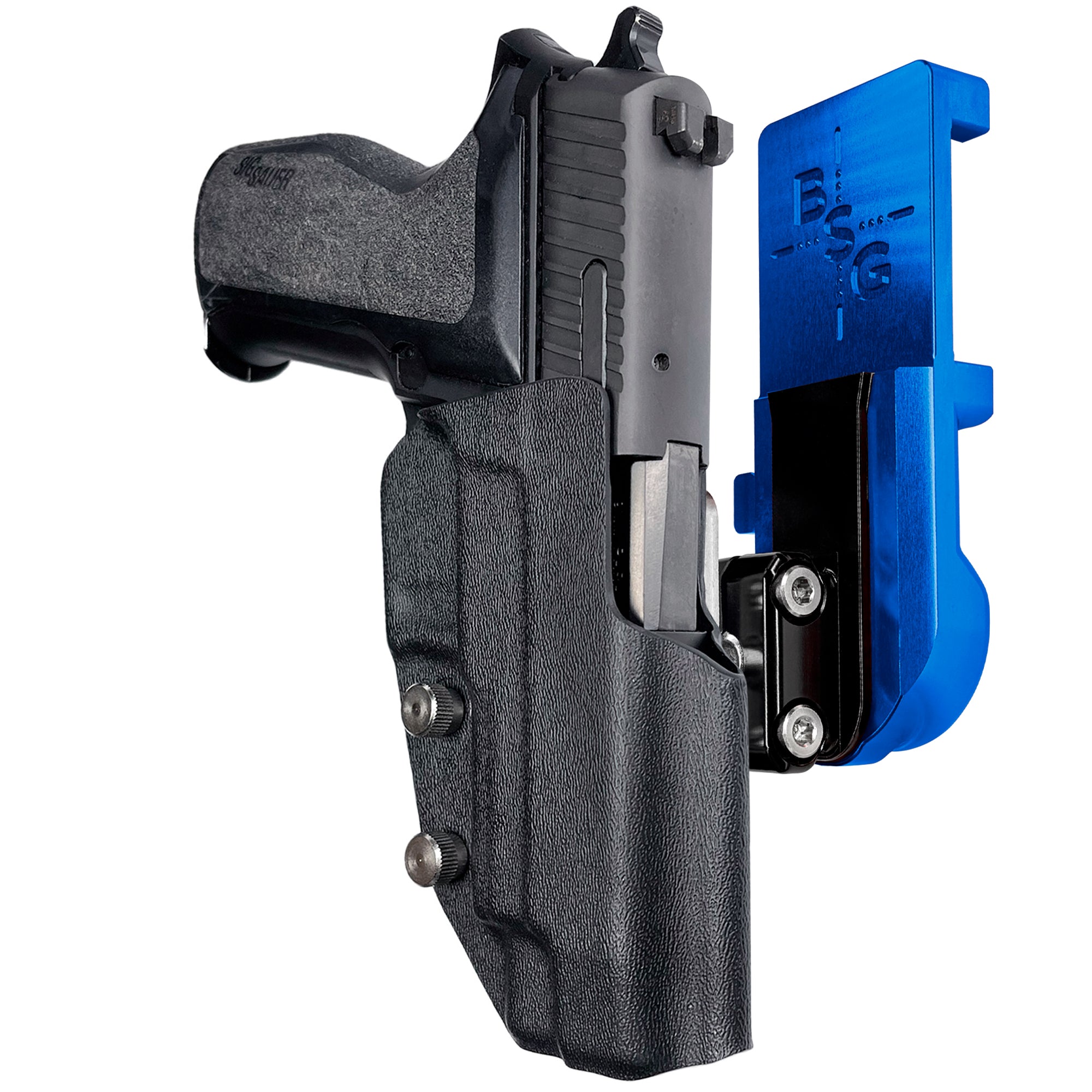 Sig Sauer P226 w/ Rail IPSC/USPA Quick Mount Ball Joint Holster with Blue Belt Attachment, Black Holster Shell