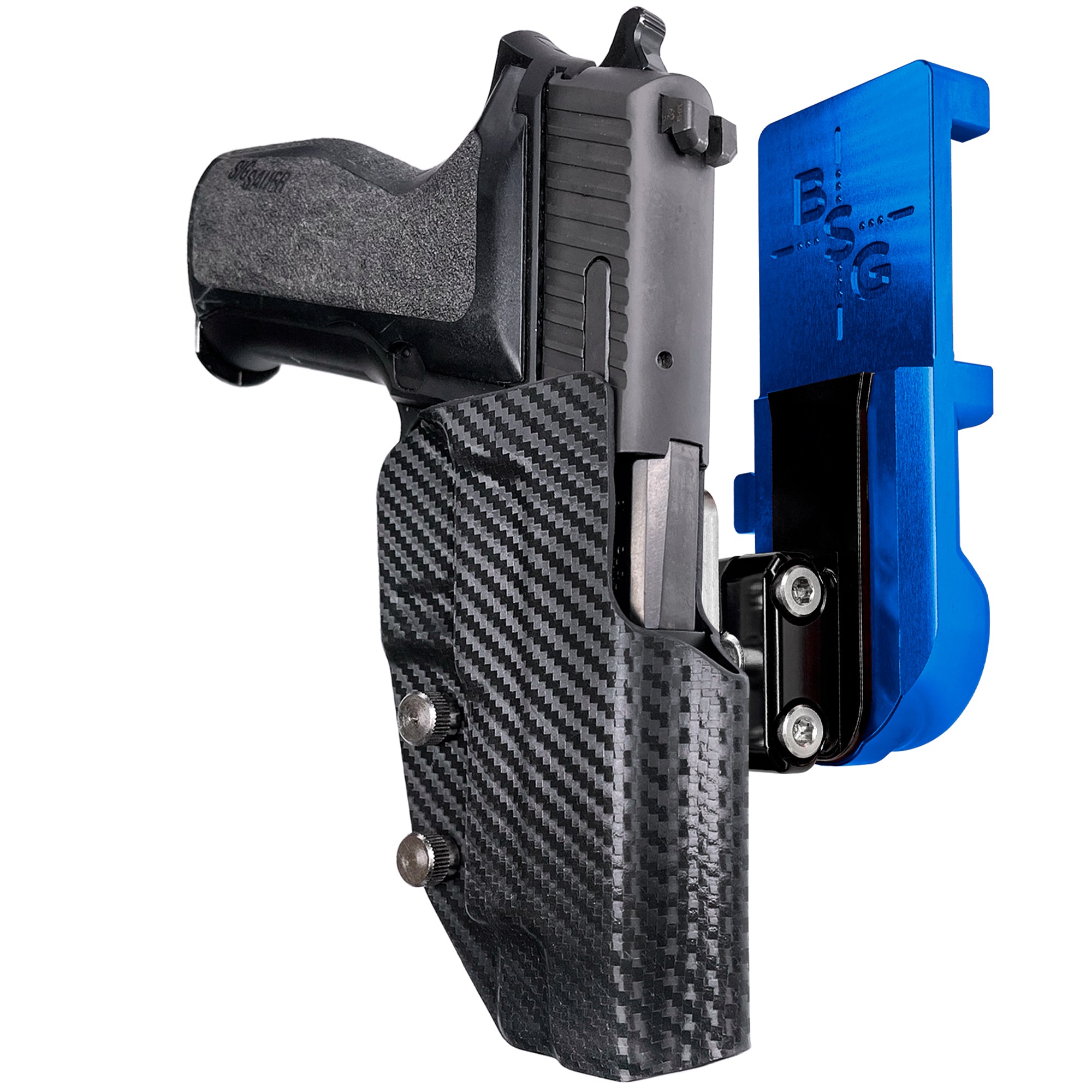 Sig Sauer P226 w/ Rail IPSC/USPA Quick Mount Ball Joint Holster with Blue Belt Attachment, Carbon Fiber Holster Shell
