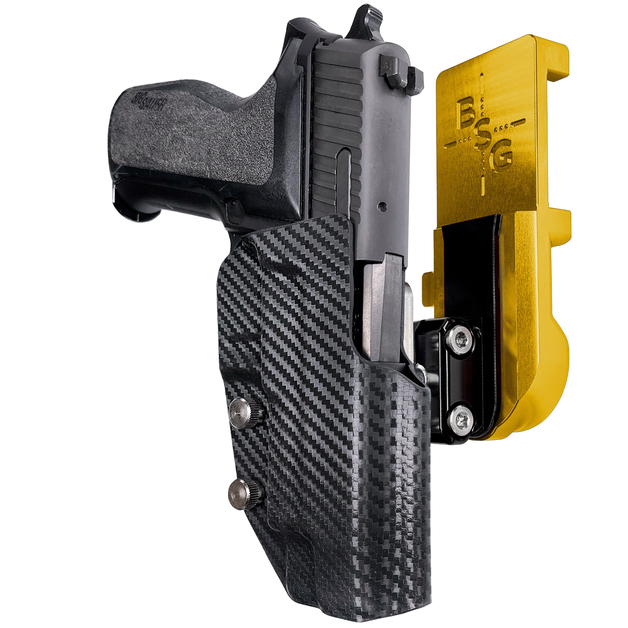Sig Sauer P226 w/ Rail IPSC/USPA Quick Mount Ball Joint Holster with 24K Gold Belt Attachment, Carbon Fiber Holster Shell