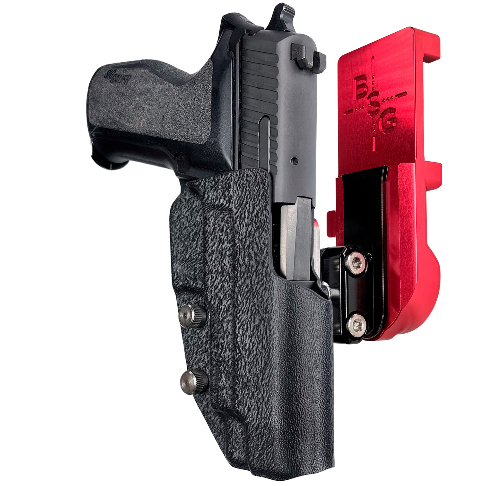 Sig Sauer P226 w/ Rail IPSC/USPA Quick Mount Ball Joint Holster with Red Belt Attachment, Black Holster Shell