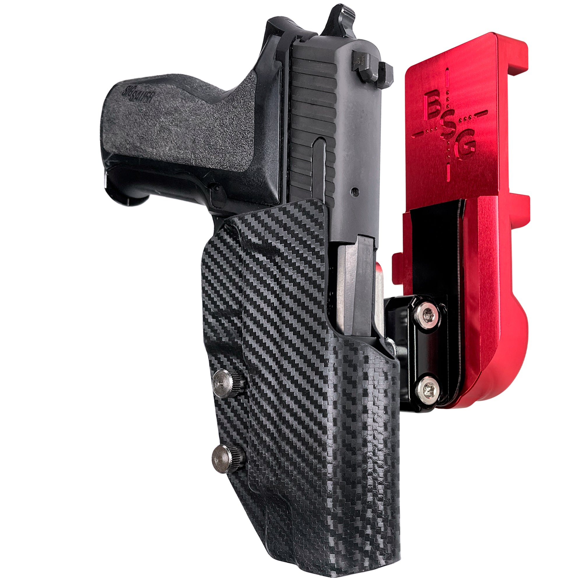 Sig Sauer P226 w/ Rail IPSC/USPA Quick Mount Ball Joint Holster with Red Belt Attachment, Carbon Fiber Holster Shell