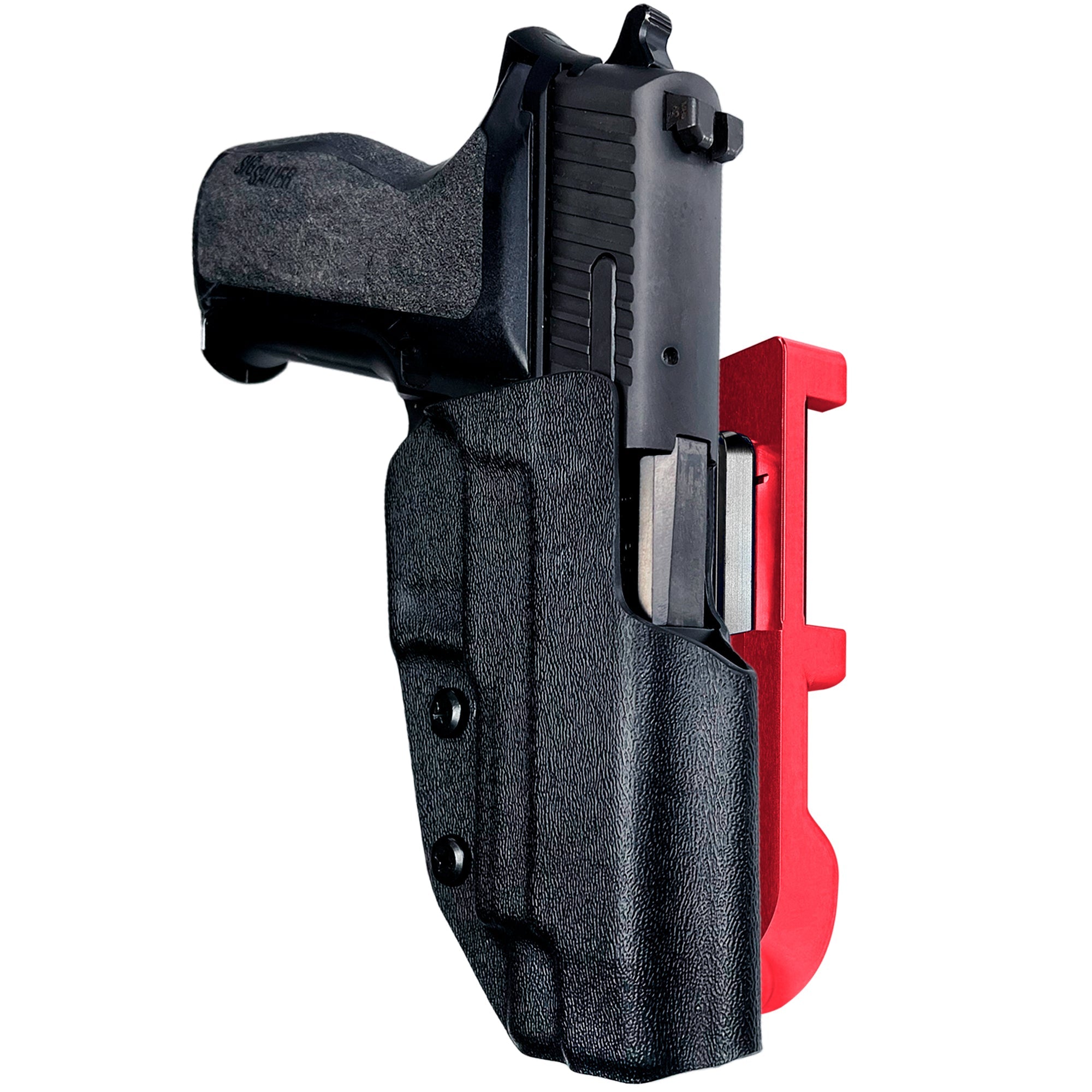 Sig Sauer P226 w/ Rail IDPA Quick Mount Holster with Red Belt Attachment, Black Holster Shell
