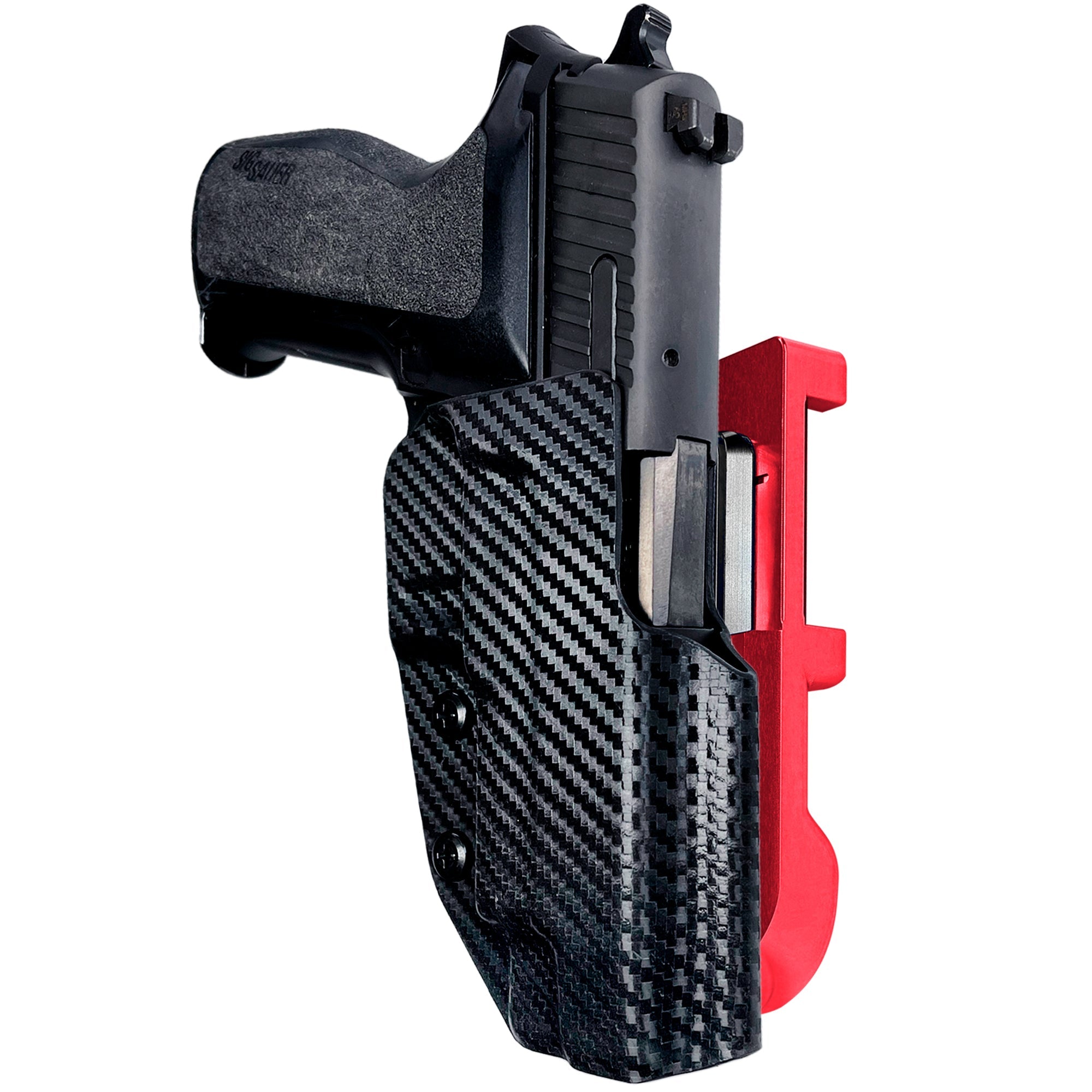 Sig Sauer P226 w/ Rail IDPA Quick Mount Holster with Red Belt Attachment, Carbon Fiber Holster Shell