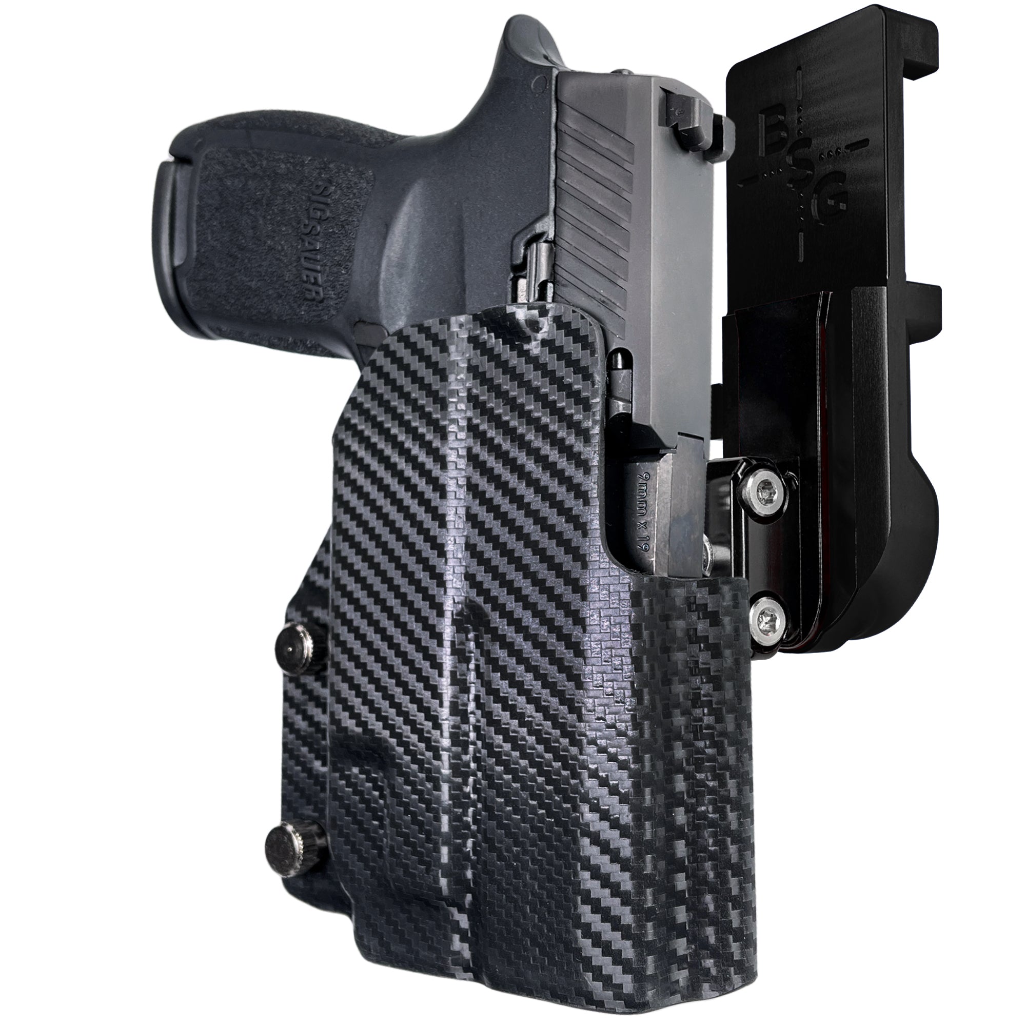 Sig P320 Compact w/ TLR7A IPSC/USPA Quick Mount Ball Joint Holster with Black Belt Attachment, Carbon Fiber Holster Shell