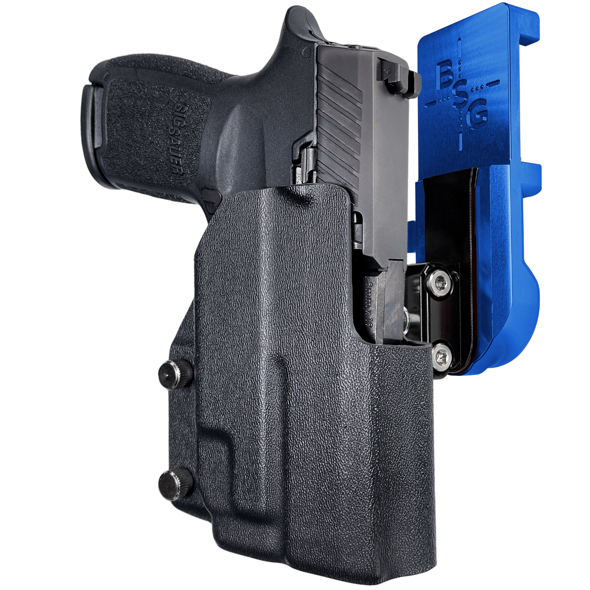 Sig P320 Compact w/ TLR7A IPSC/USPA Quick Mount Ball Joint Holster with Blue Belt Attachment, Black Holster Shell