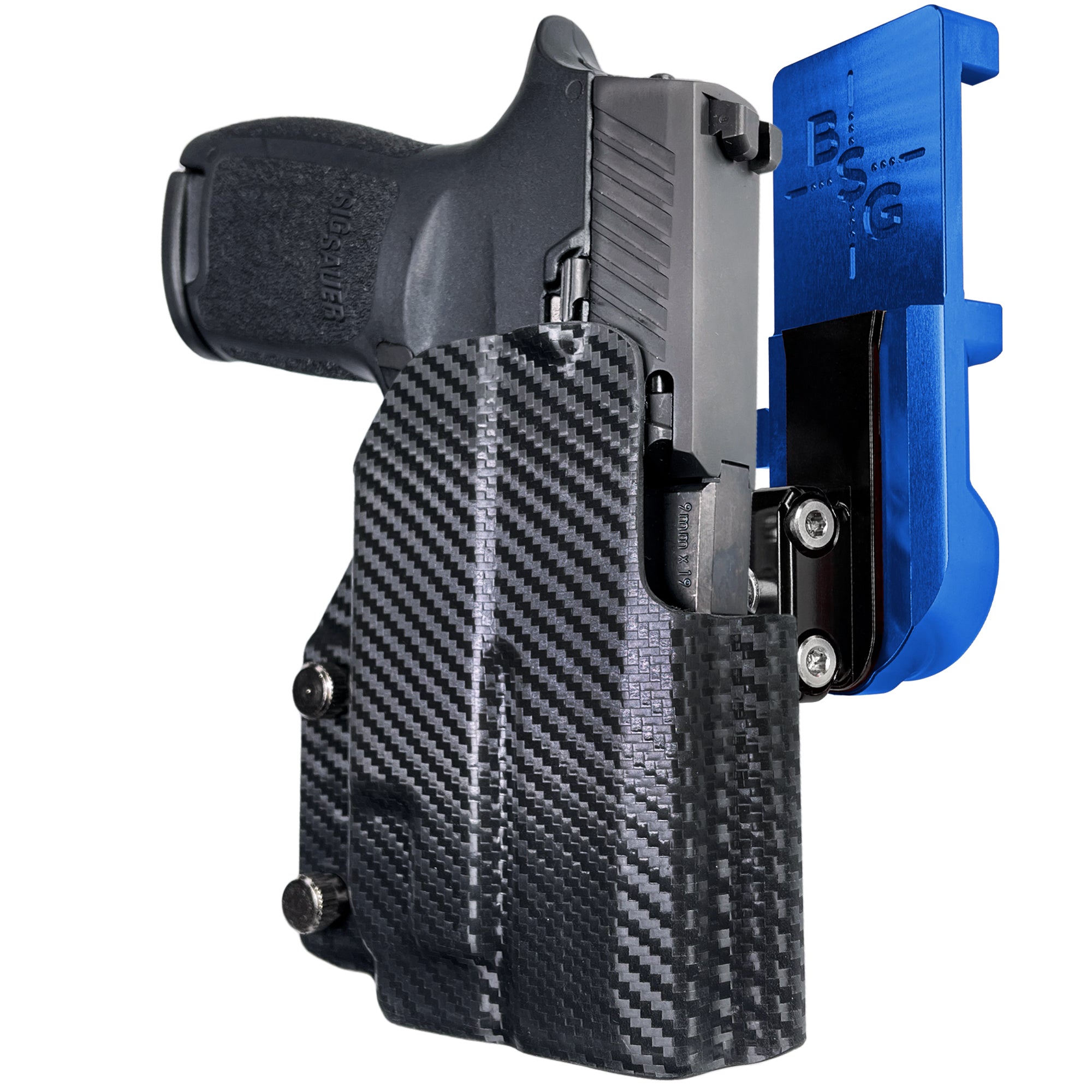 Sig P320 Compact w/ TLR7A IPSC/USPA Quick Mount Ball Joint Holster with Blue Belt Attachment, Carbon Fiber Holster Shell