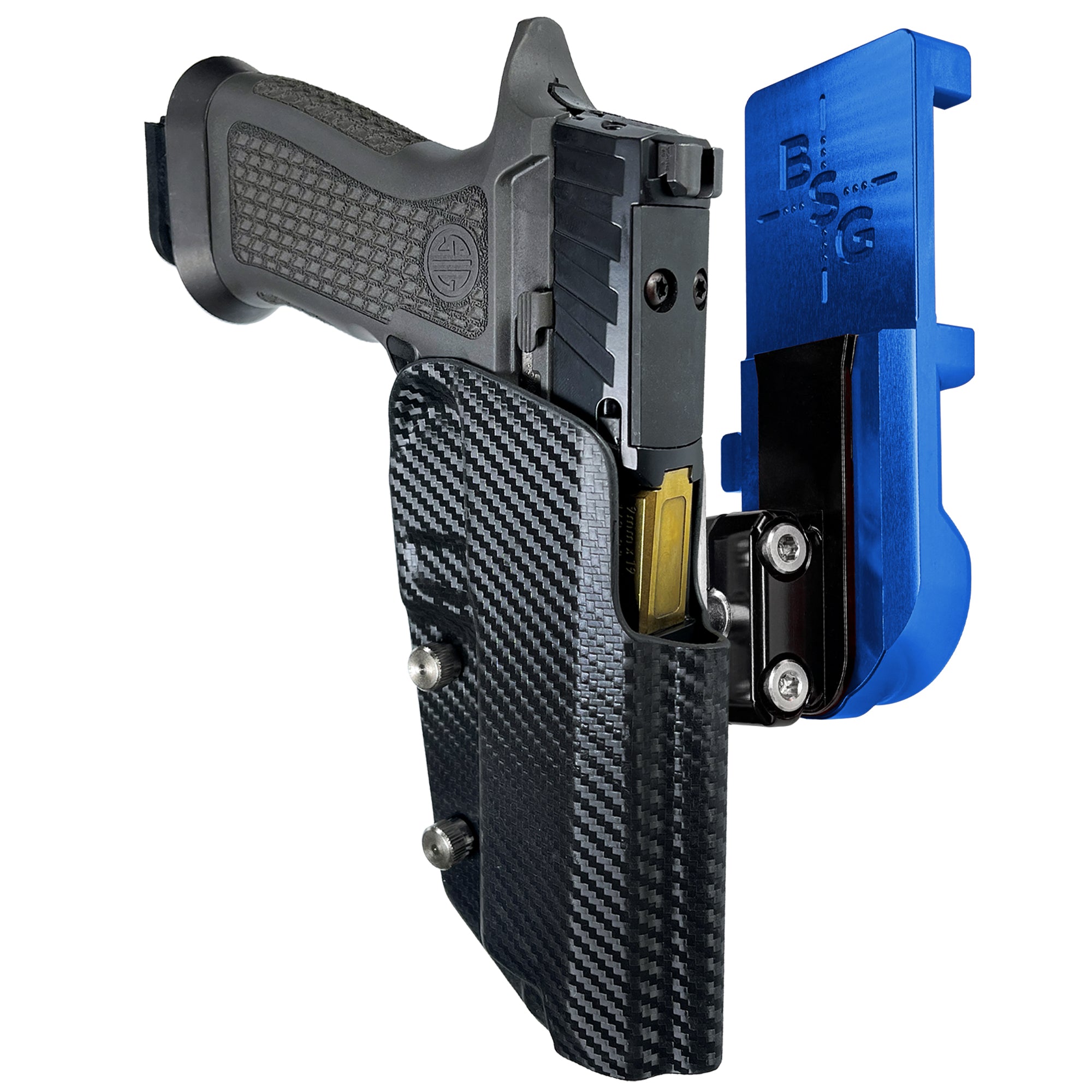 Sig P320 Full Size IPSC/USPA Quick Mount Ball Joint Holster with Blue Belt Attachment, Carbon Fiber Holster Shell
