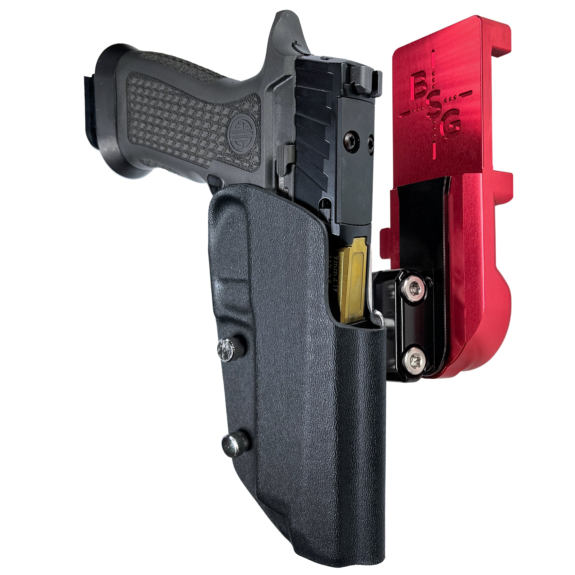 Sig P320 Full Size IPSC/USPA Quick Mount Ball Joint Holster with Red Belt Attachment, Black Holster Shell