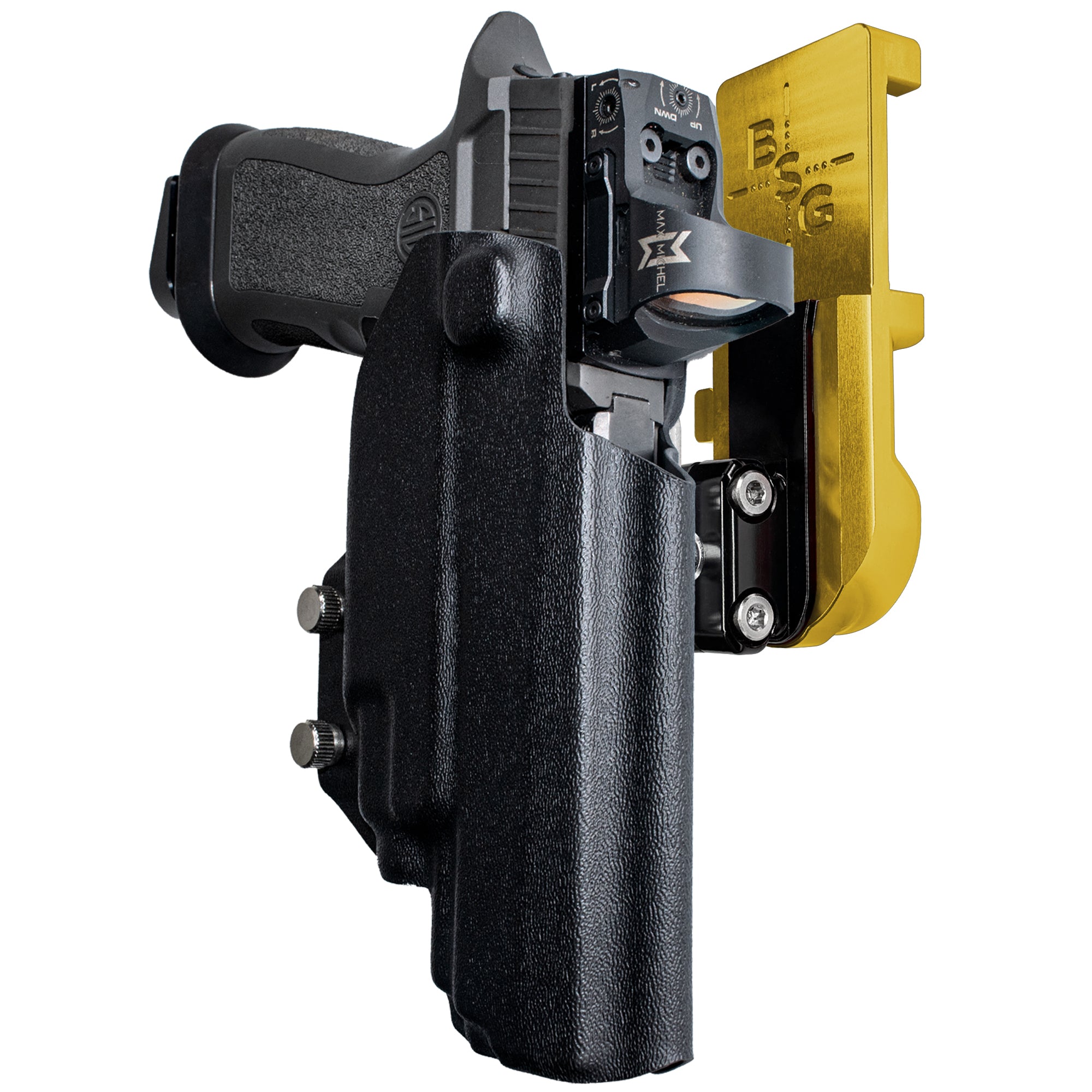 Sig P320 FS w TLR-7A/TLR-8A IPSC/USPA Quick Mount Ball Joint Holster with 24K Gold Belt Attachment, Black Holster Shell