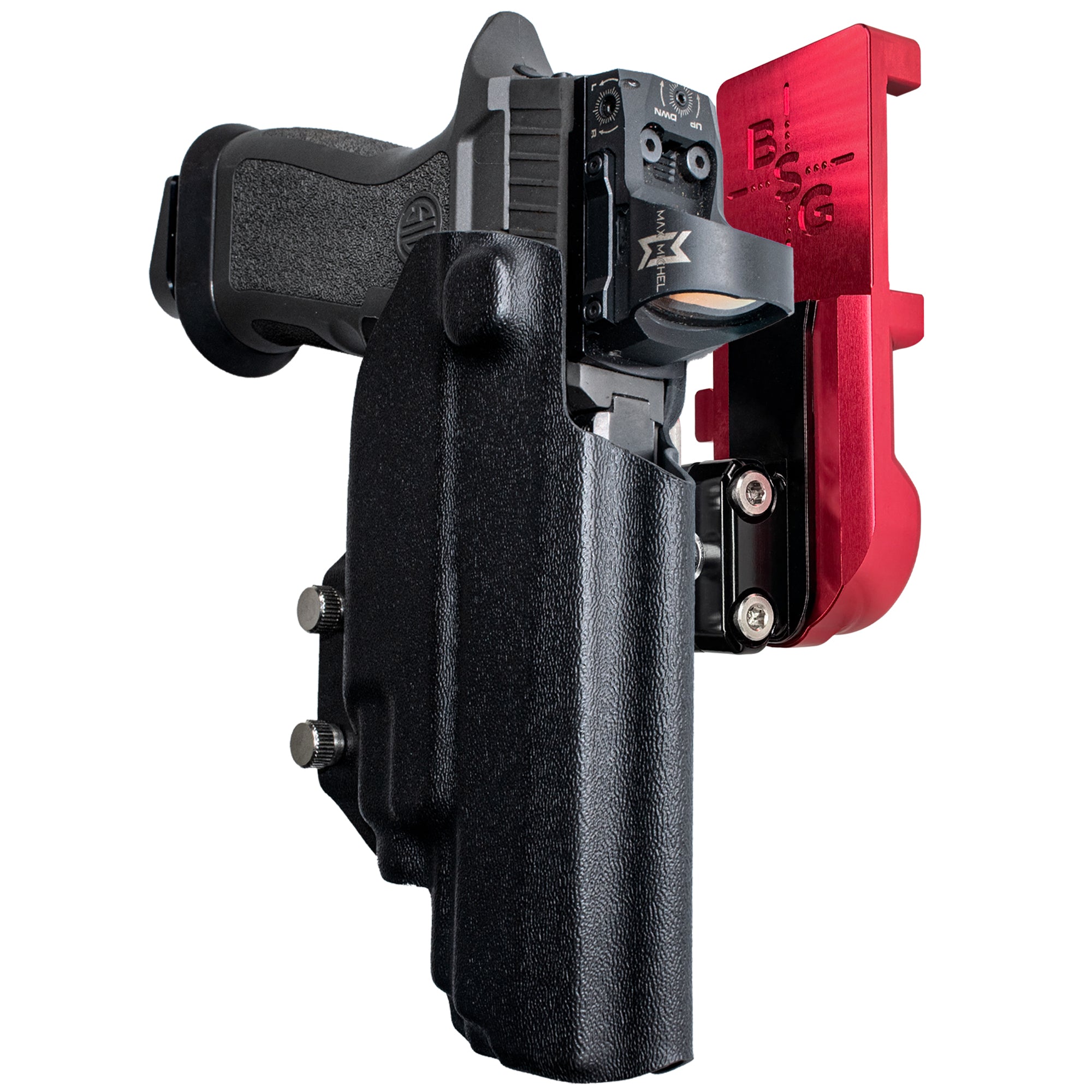 Sig P320 FS w TLR-7A/TLR-8A IPSC/USPA Quick Mount Ball Joint Holster with Red Belt Attachment, Black Holster Shell