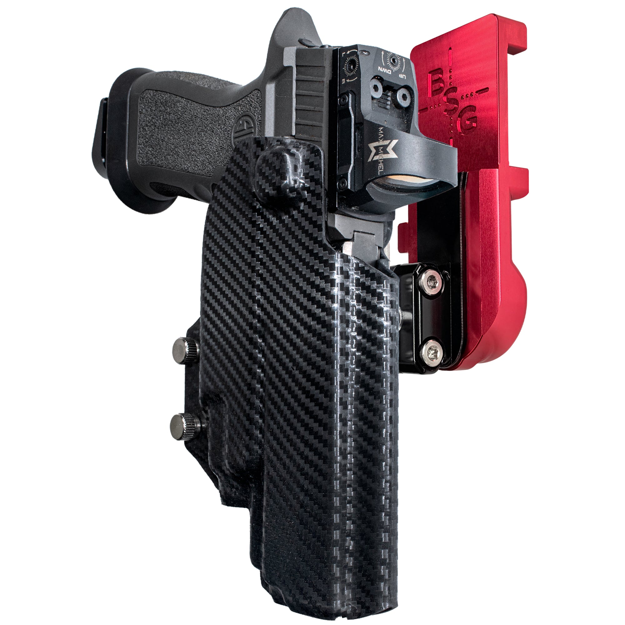 Sig P320 FS w TLR-7A/TLR-8A IPSC/USPA Quick Mount Ball Joint Holster with Red Belt Attachment, Carbon Fiber Holster Shell